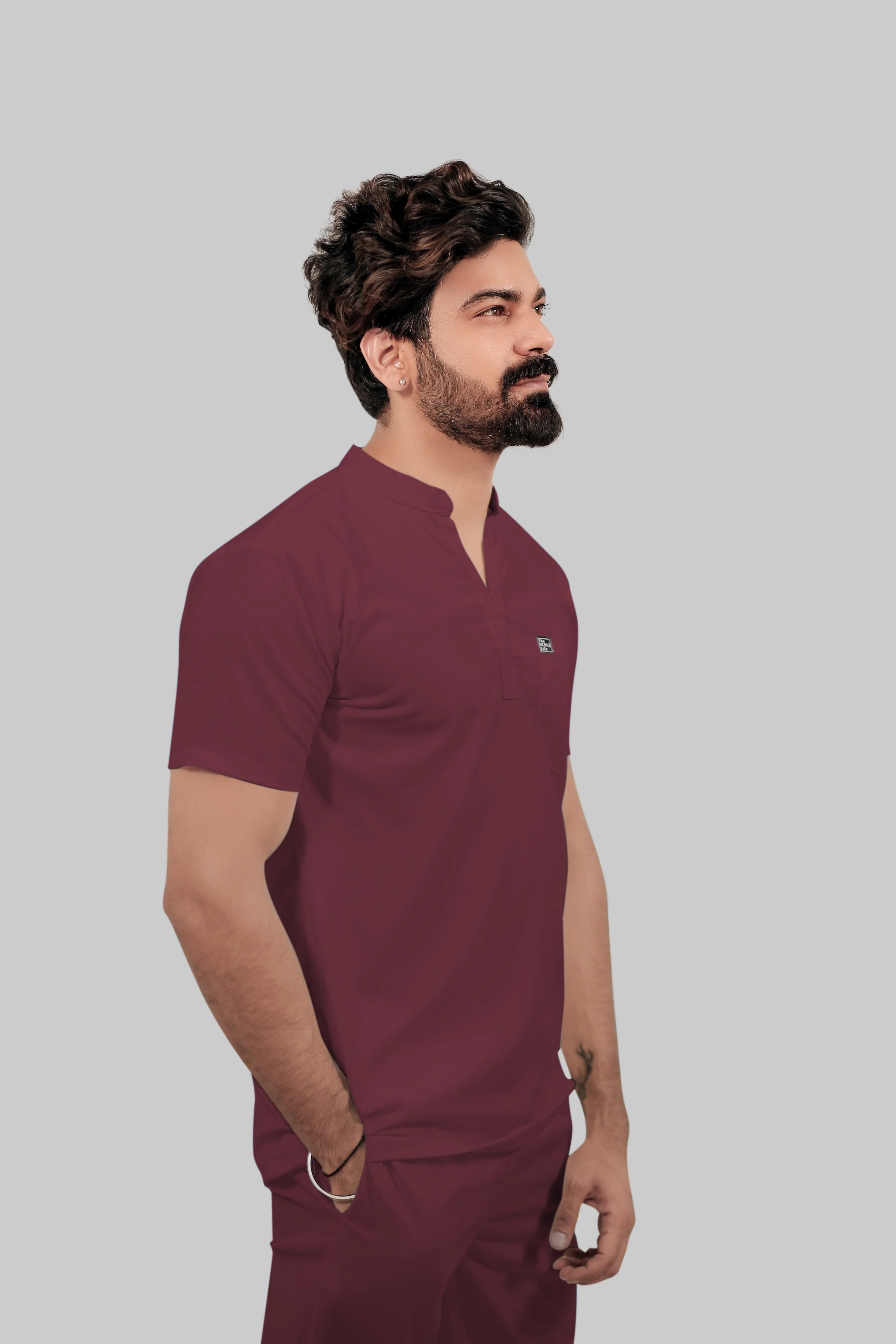 Stretchable (4Way) Men Burgundy Mandarin Neck with Straight Pant Scrub Set - Image 3