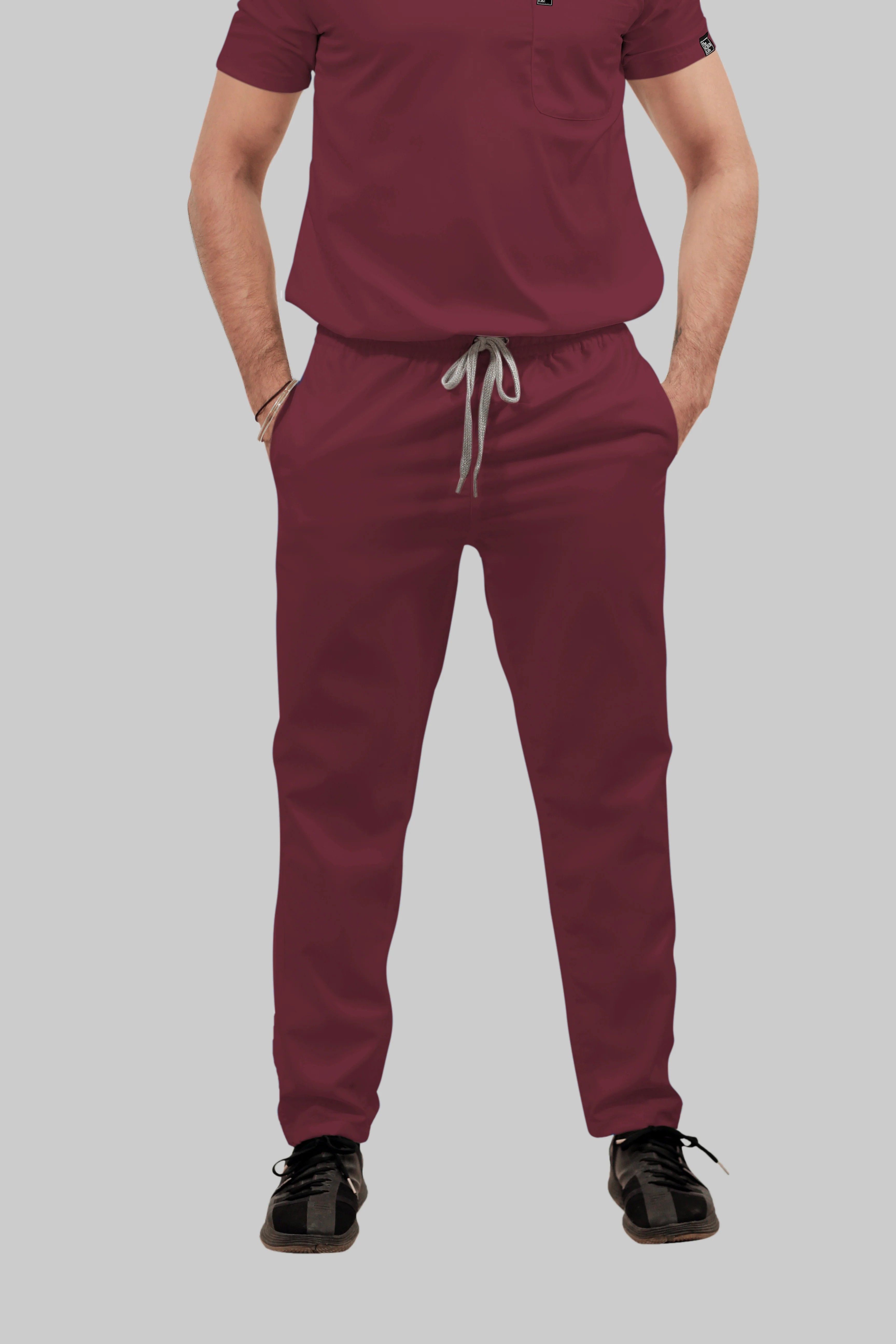 Stretchable (4Way) Men Burgundy Mandarin Neck with Straight Pant Scrub Set - Image 5