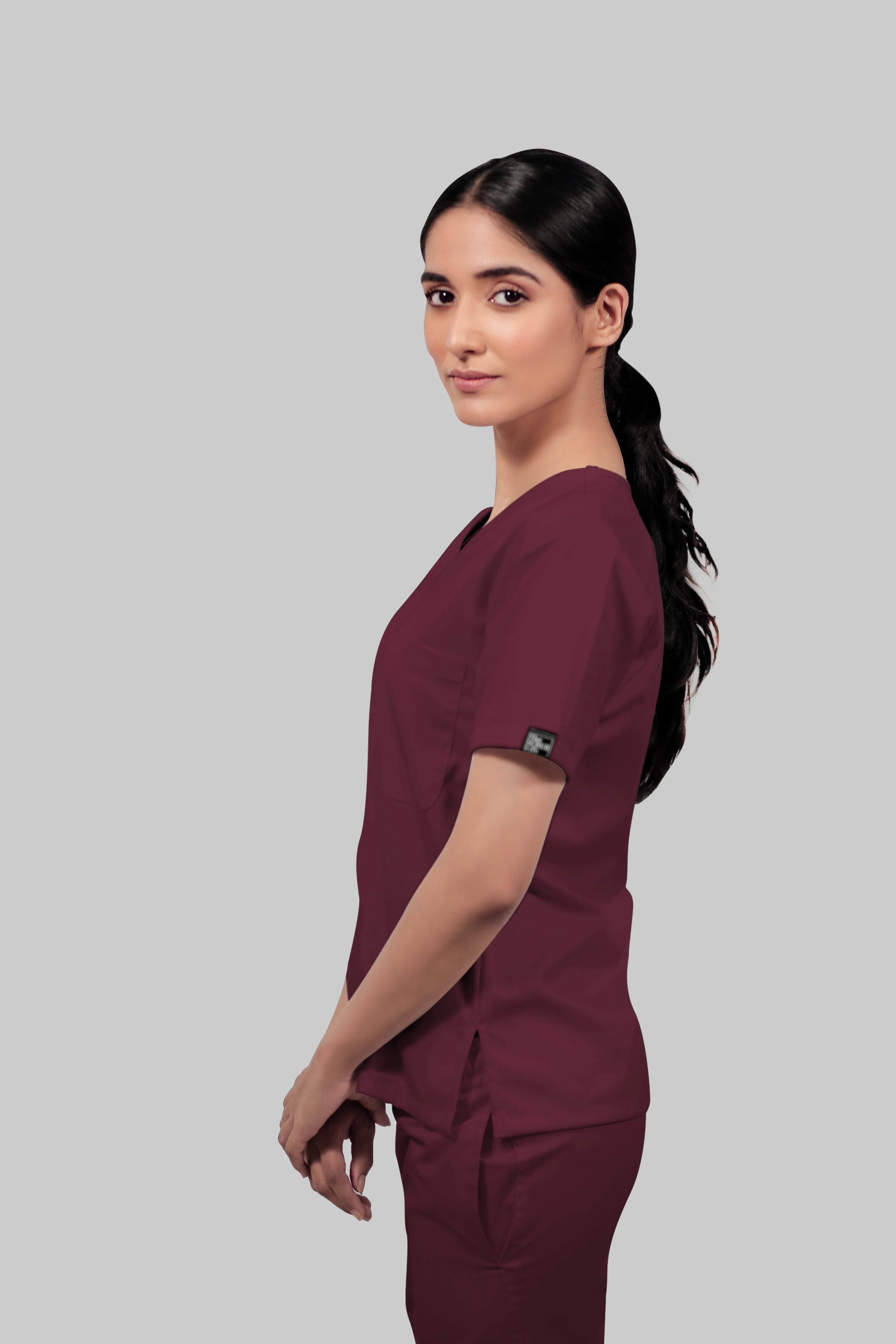 Stretchable (4Way) Women Burgundy V-Neck With Straight Pant Scrub Set - Image 3