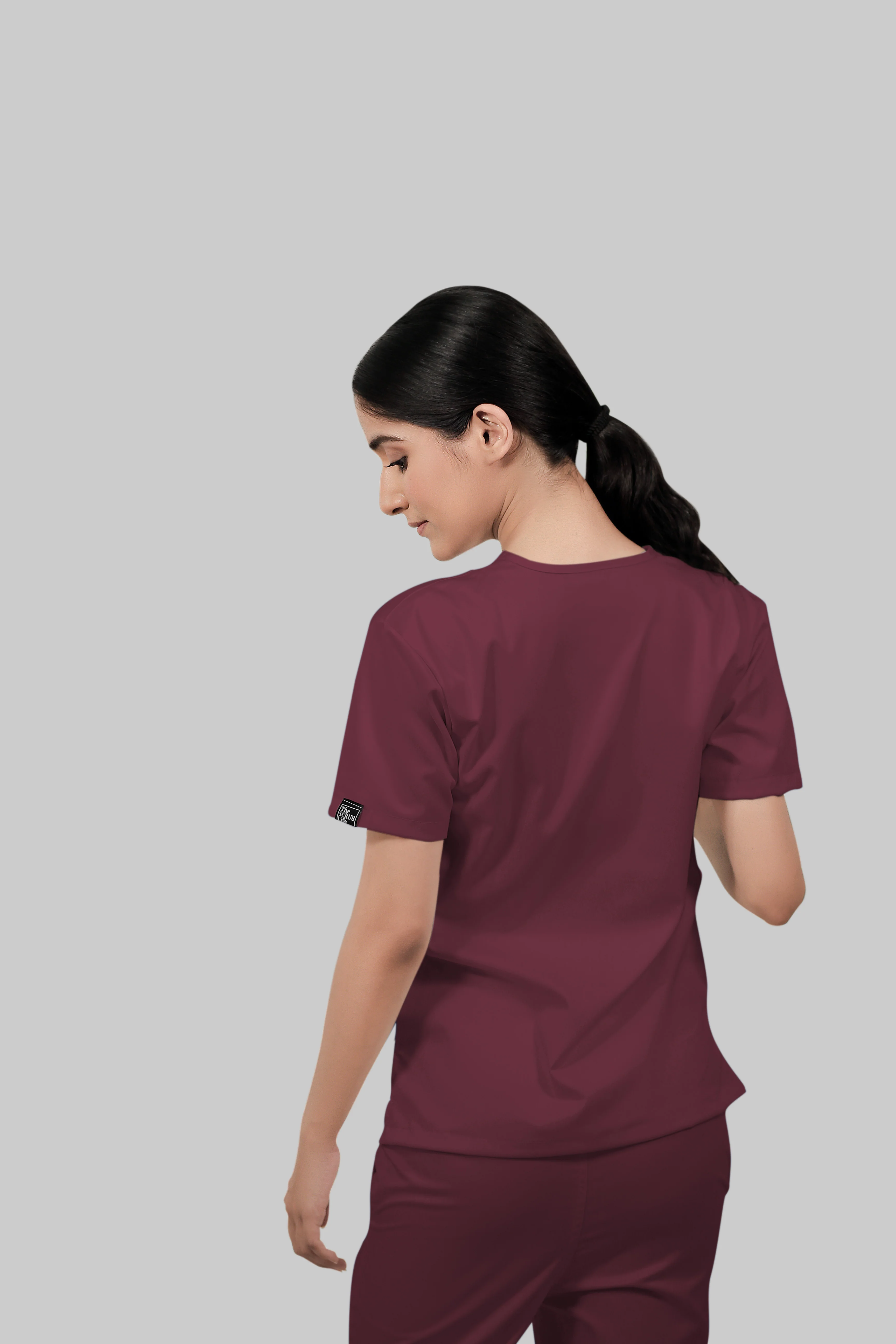 Stretchable (4Way) Women Burgundy V-Neck With Straight Pant Scrub Set - Image 5