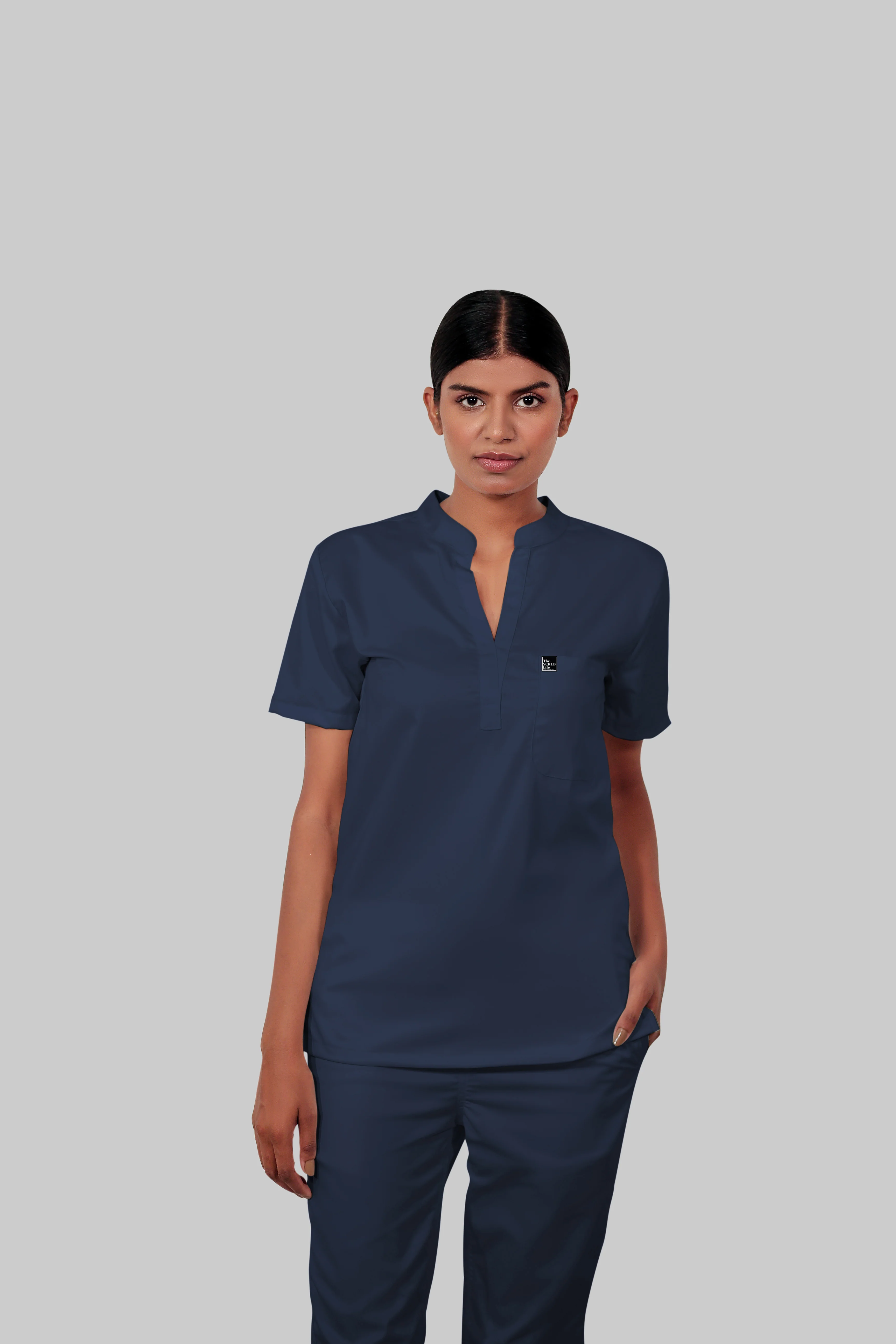 Stretchable (4Way) Women Navy Blue Mandarin Neck Scrub Top - Image 3
