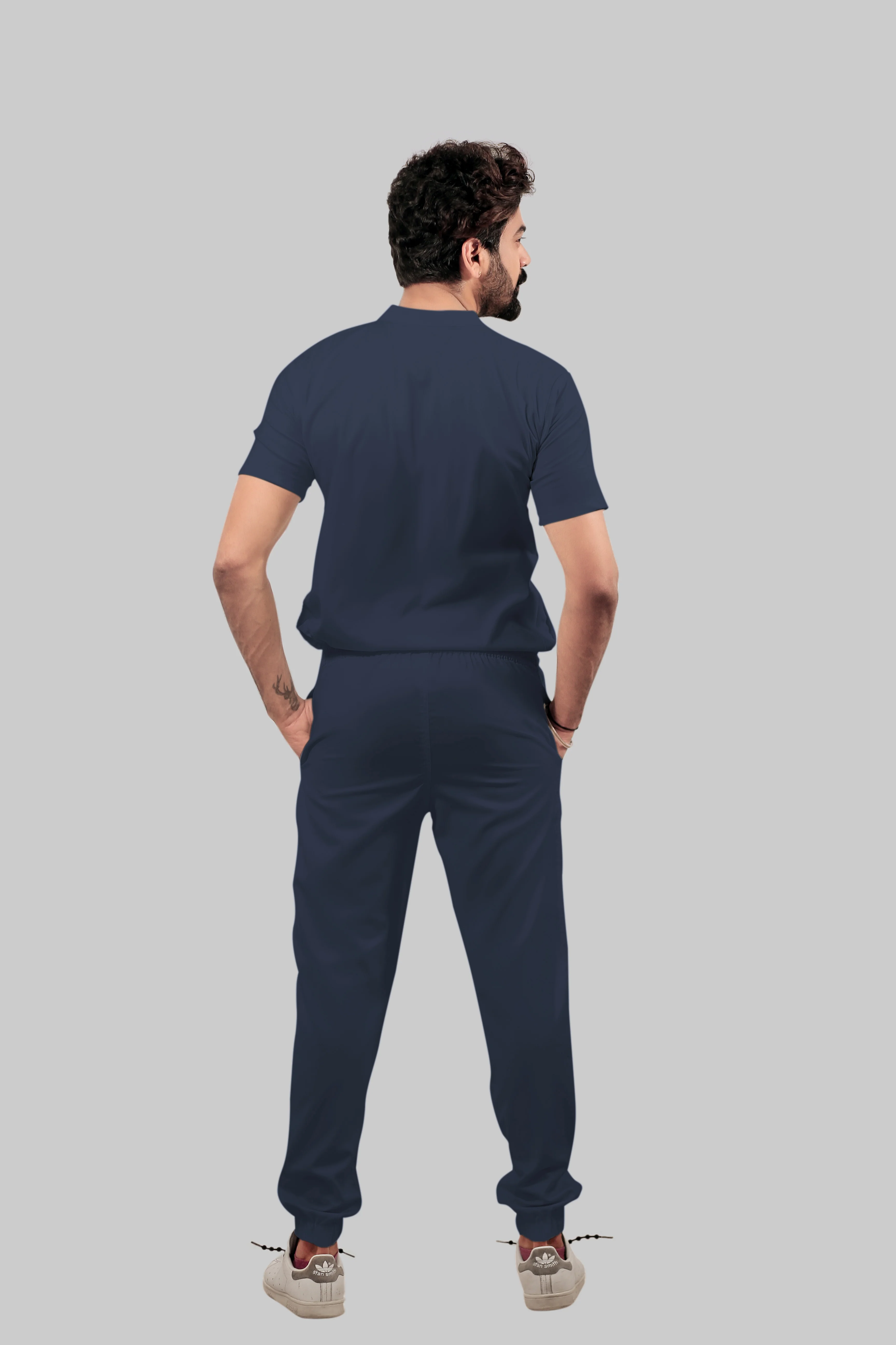 Stretchable (4Way) Men Navy Blue Mandarin Neck with Jogger Scrub Set - Image 3