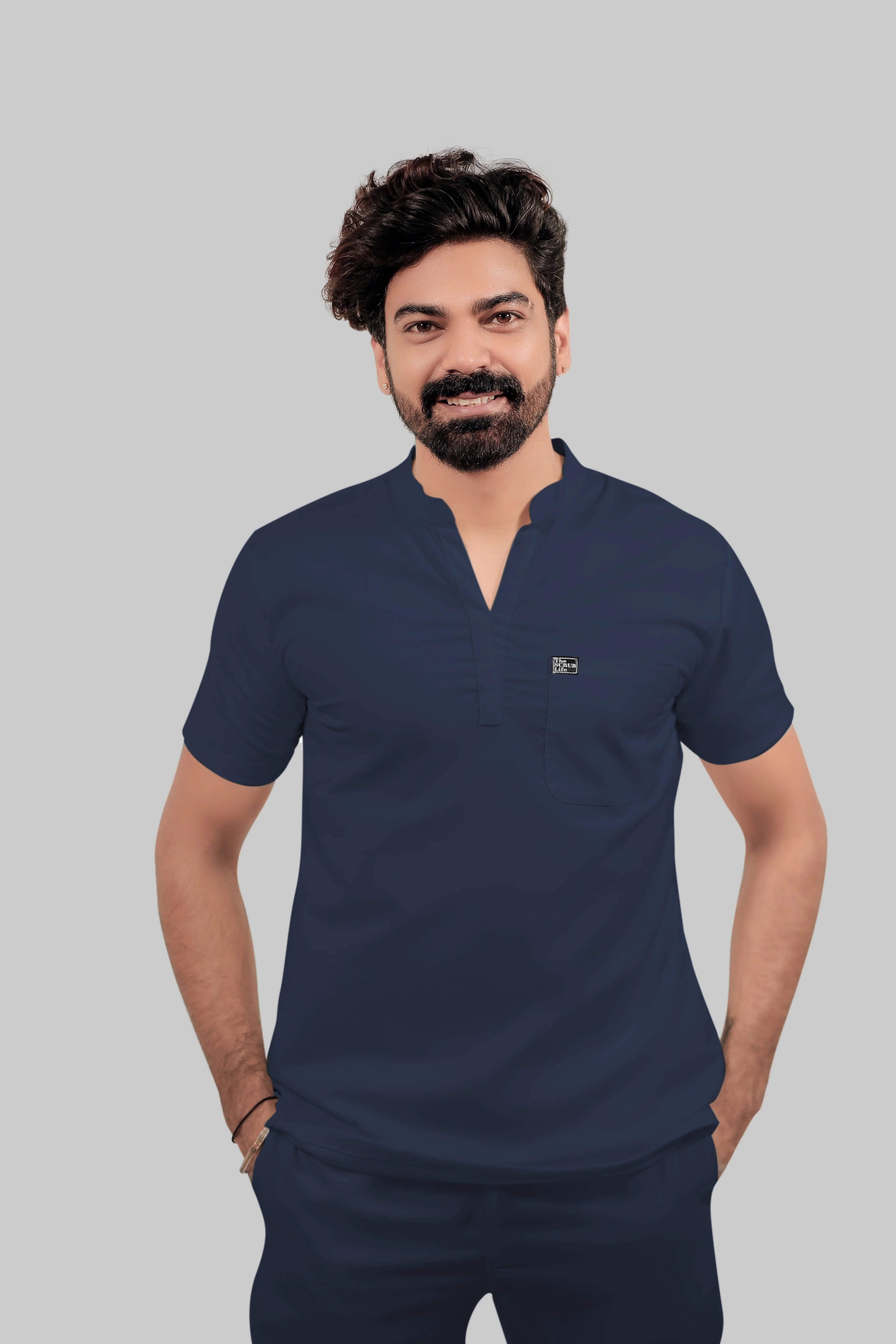 Stretchable (4Way) Men Navy Blue Mandarin Neck with Jogger Scrub Set - Image 6