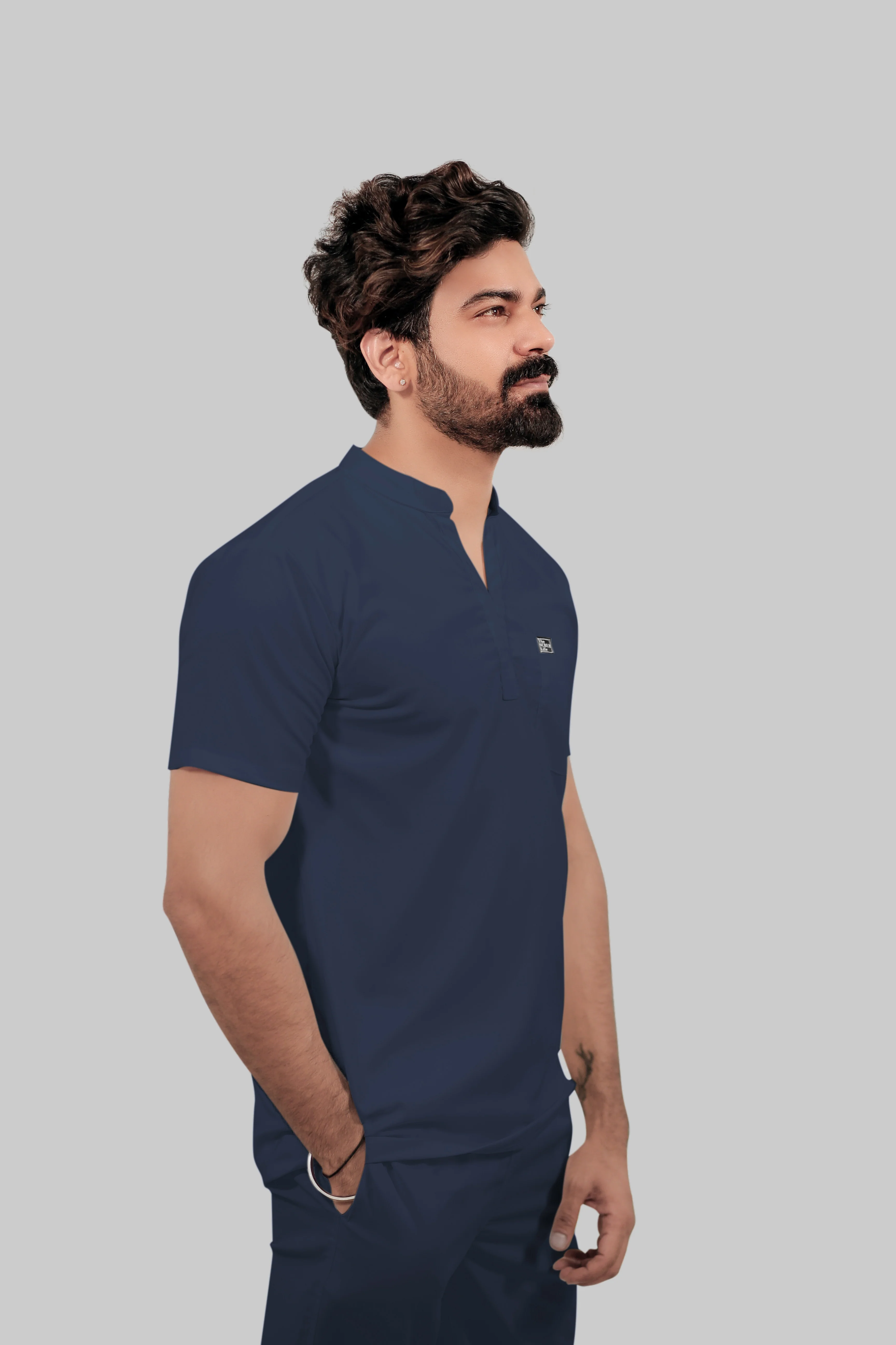 Stretchable (4Way) Men Navy Blue Mandarin Neck with Straight Pant Scrub Set - Image 3