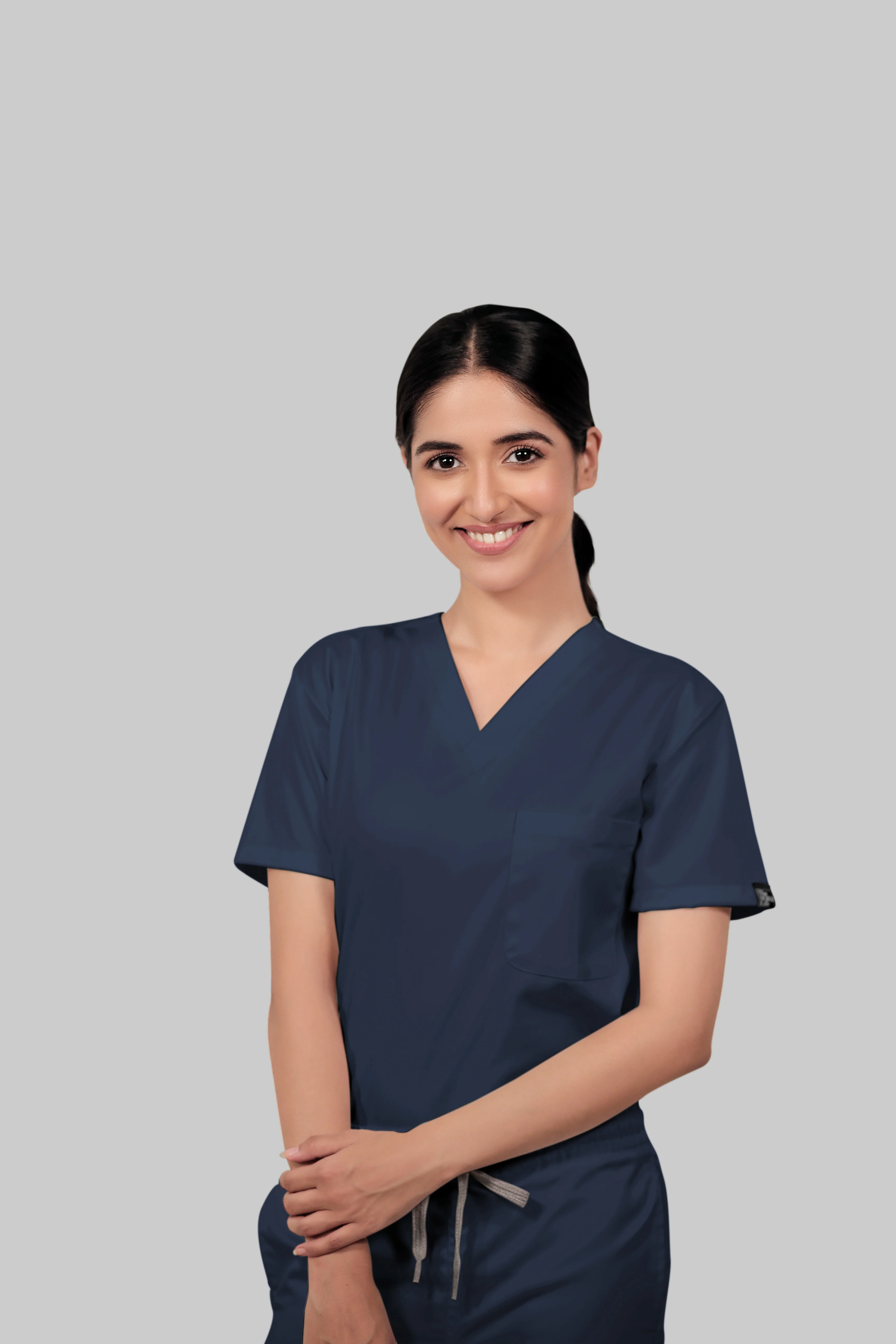 Stretchable (4Way) Women Navy Blue V-Neck With Straight Pant Scrub Set - Image 5
