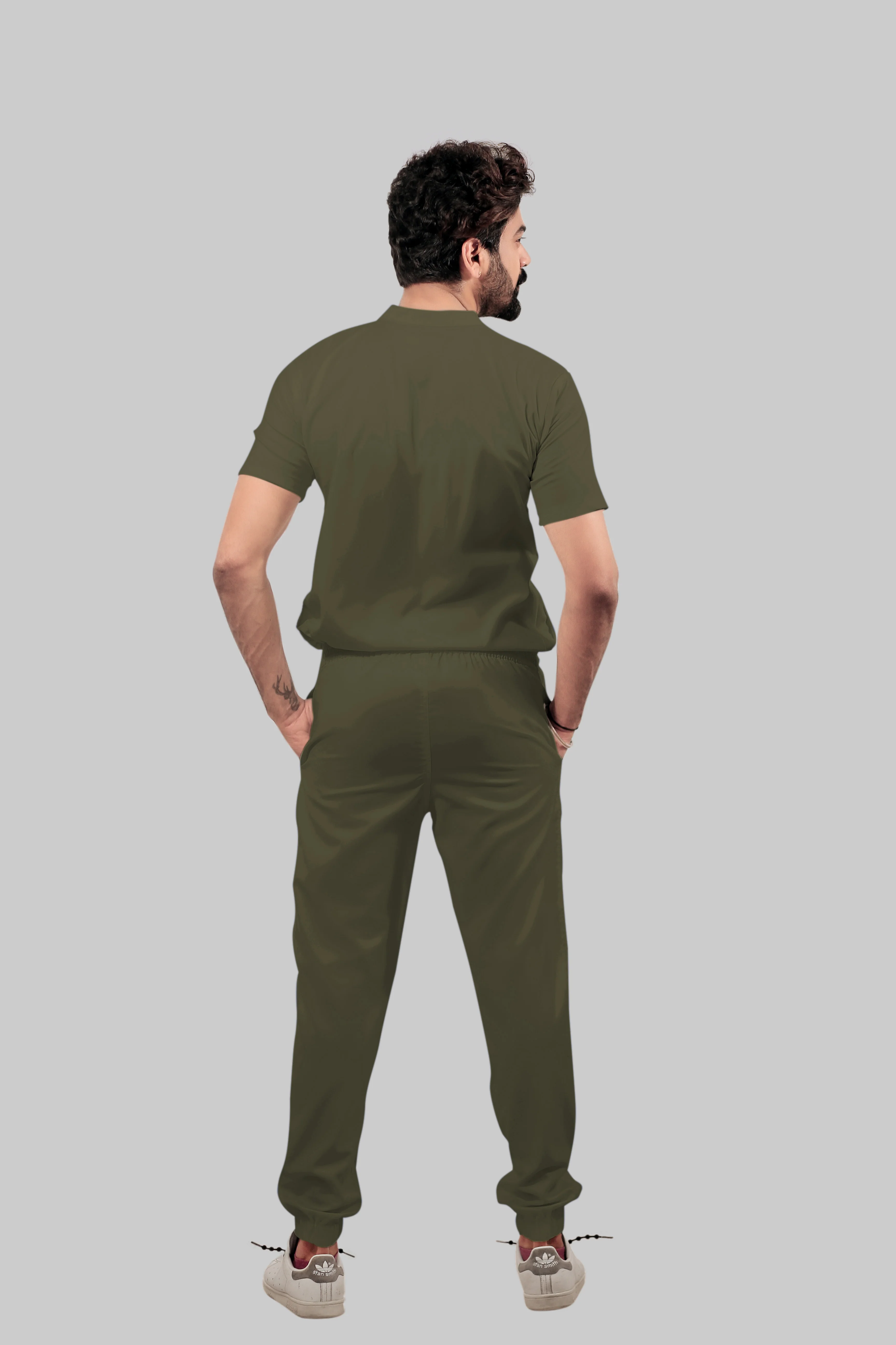 Stretchable (4Way) Men Olive Green Mandarin Neck with Jogger Scrub Set - Image 5