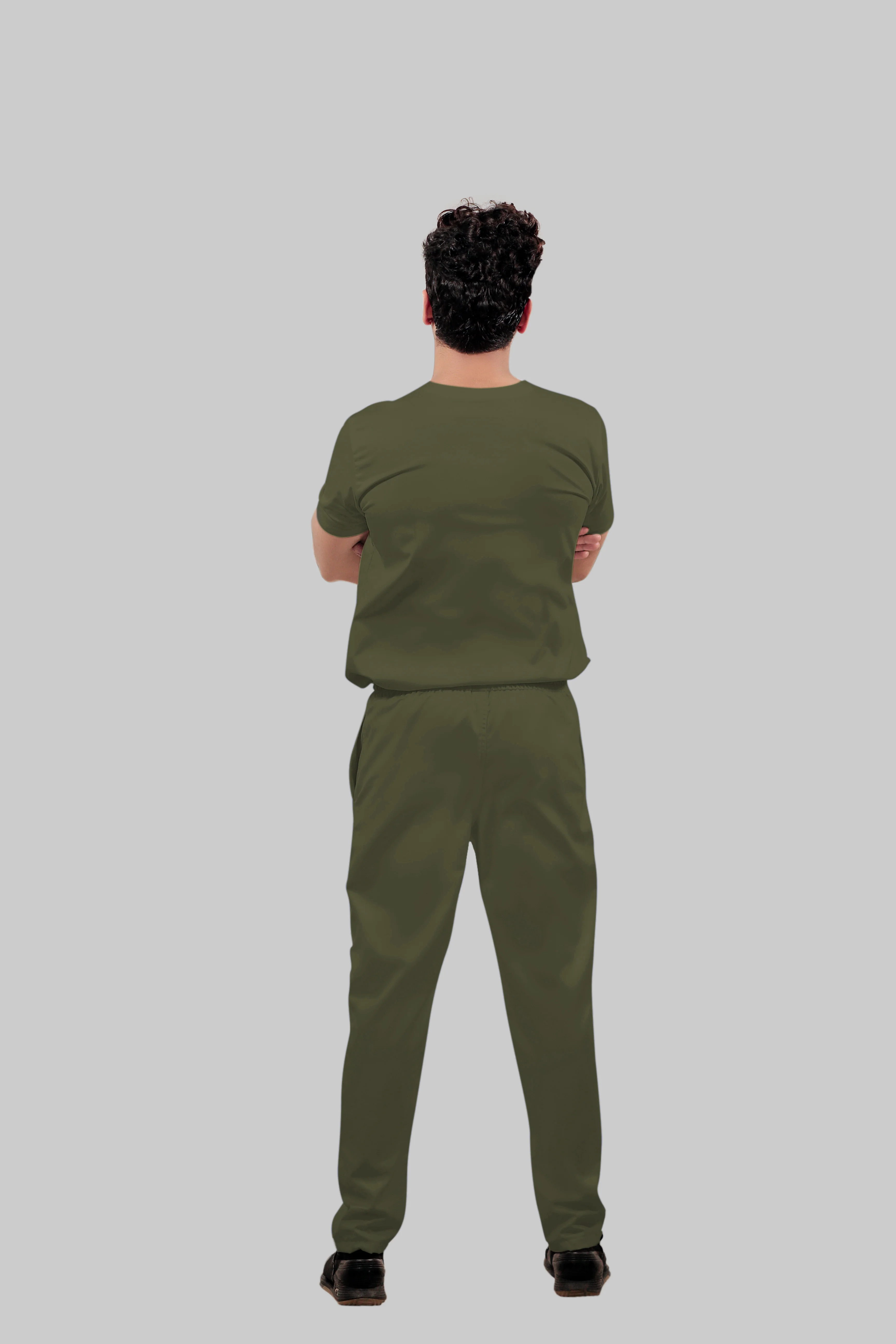 Stretchable (4Way) Men Olive Green Mandarin Neck with Straight Pant Scrub Set - Image 3