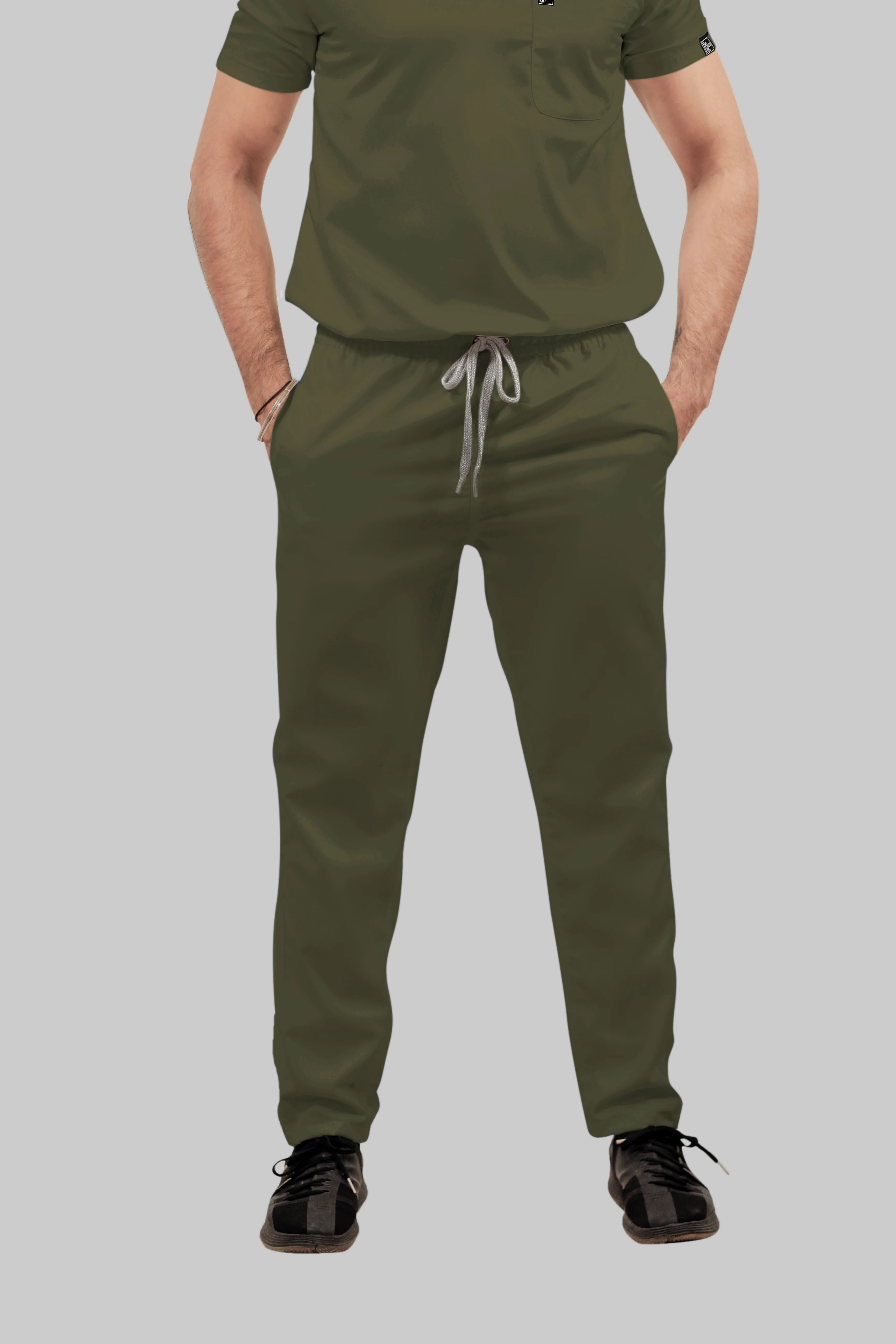 Stretchable (4Way) Men Olive Green Mandarin Neck with Straight Pant Scrub Set - Image 4