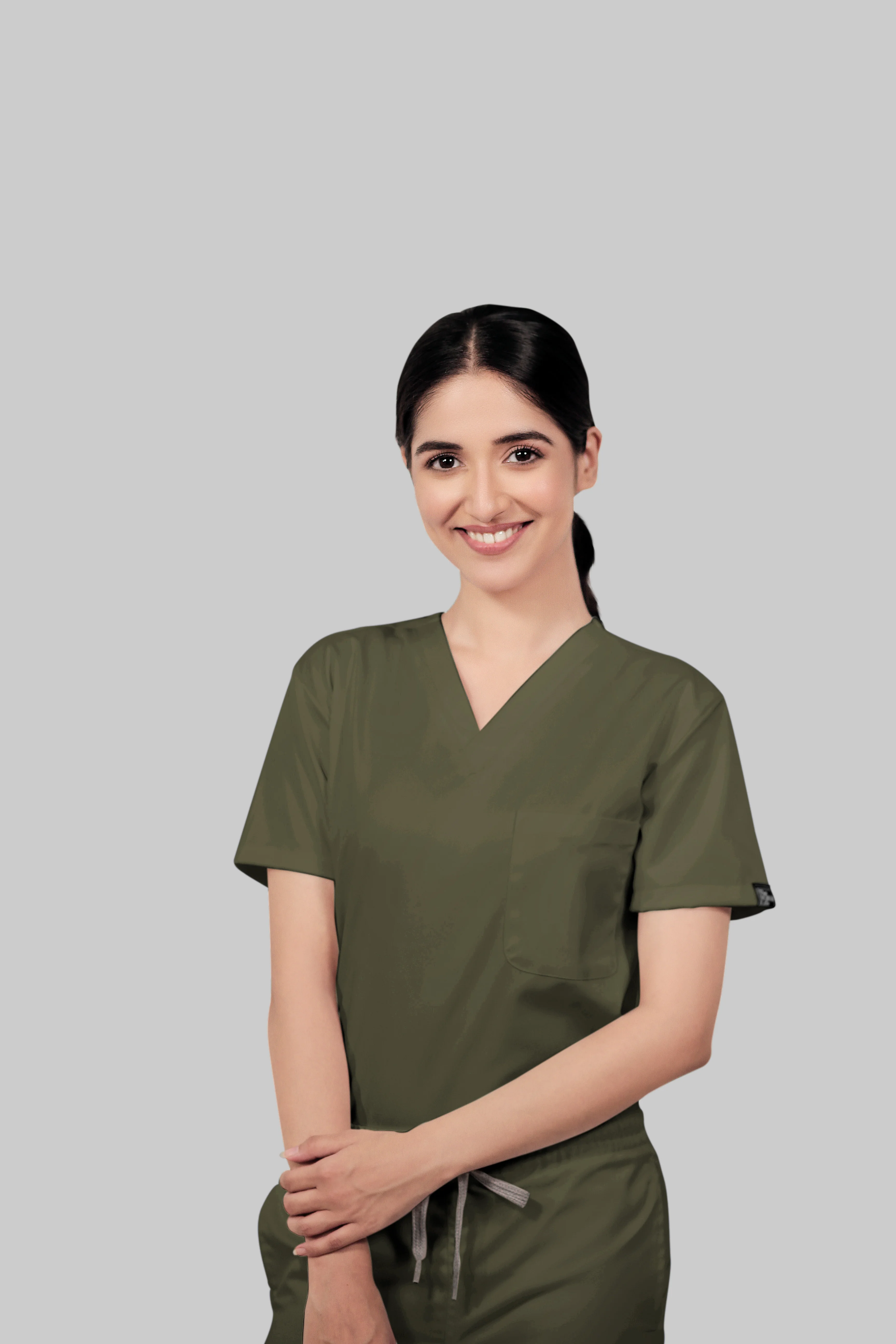 Stretchable (4Way) Women Olive Green V-Neck With Straight Pant Scrub Set - Image 4