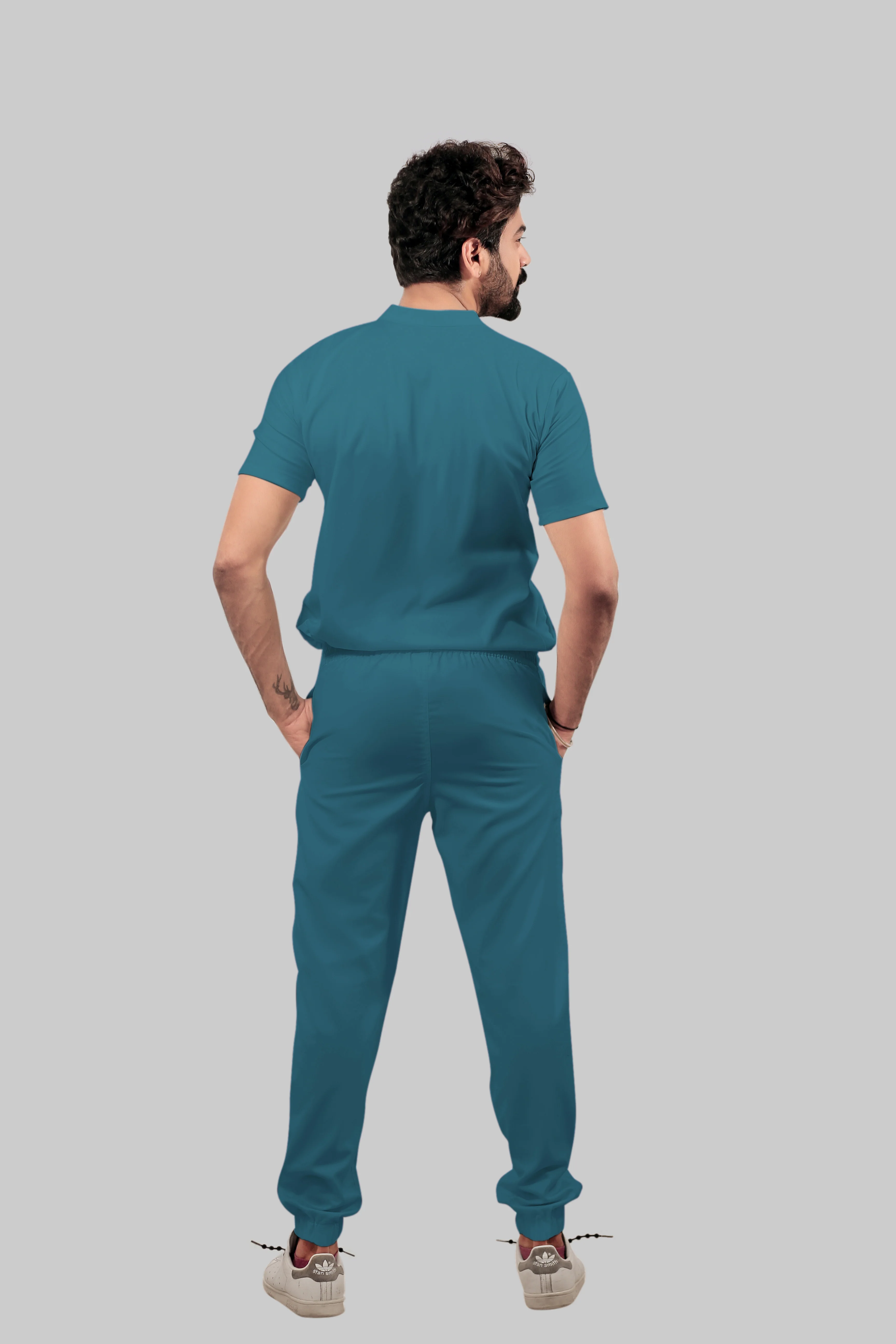 Stretchable (4Way) Men Peacock Blue Mandarin Neck with Jogger Scrub Set - Image 4
