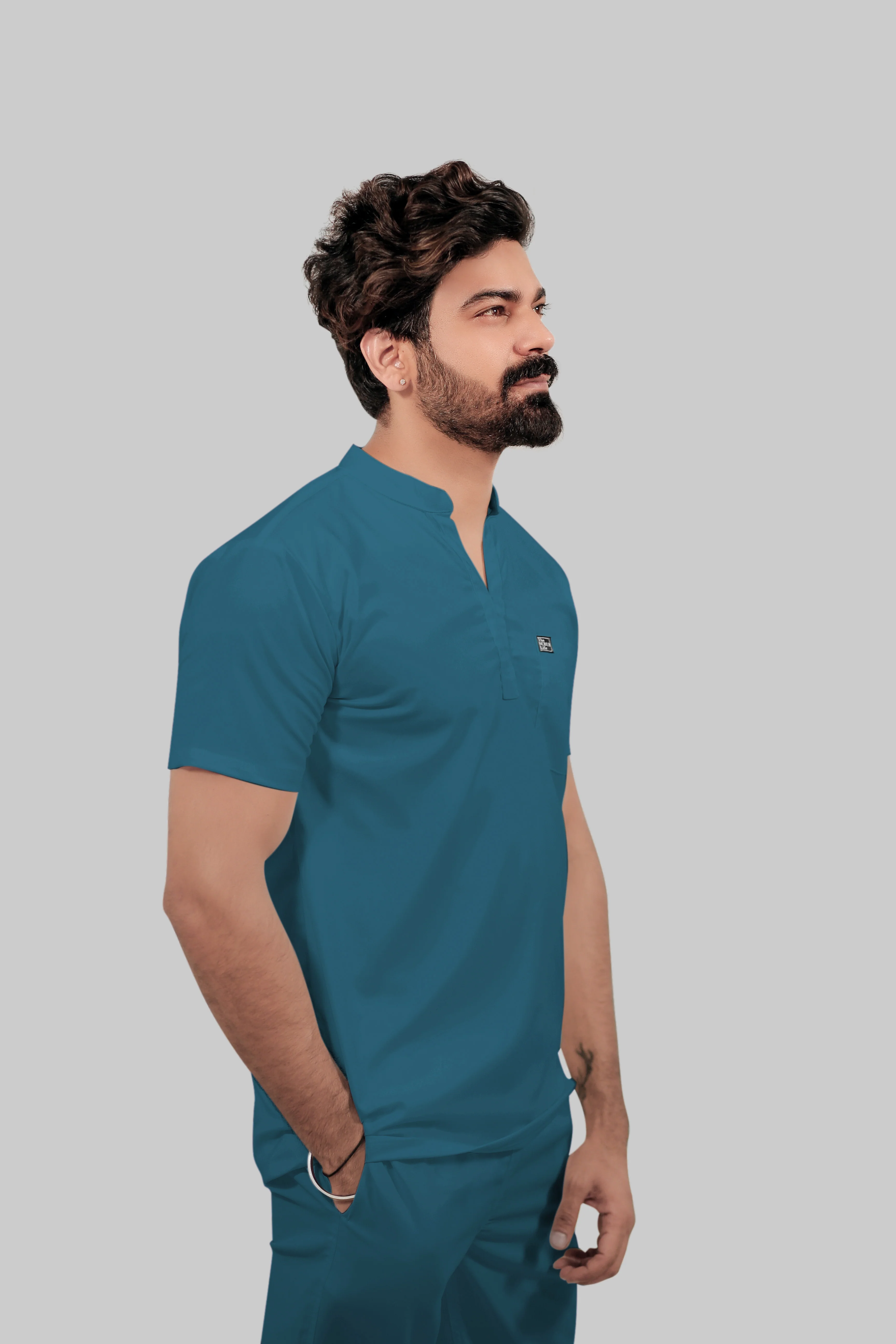 Stretchable (4Way) Men Peacock Blue Mandarin Neck with Straight Pant Scrub Set - Image 3