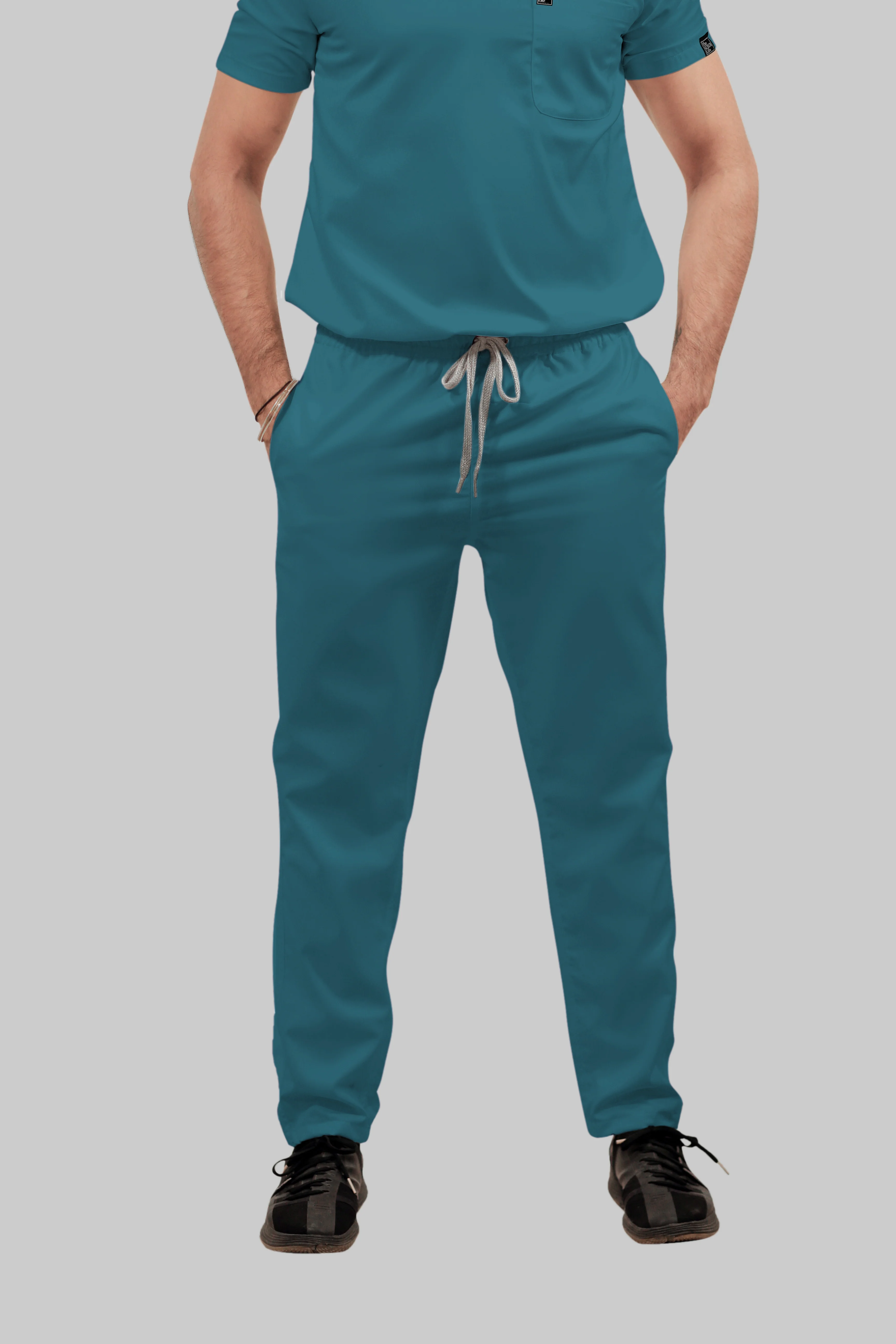 Stretchable (4Way) Men Peacock Blue Mandarin Neck with Straight Pant Scrub Set - Image 5
