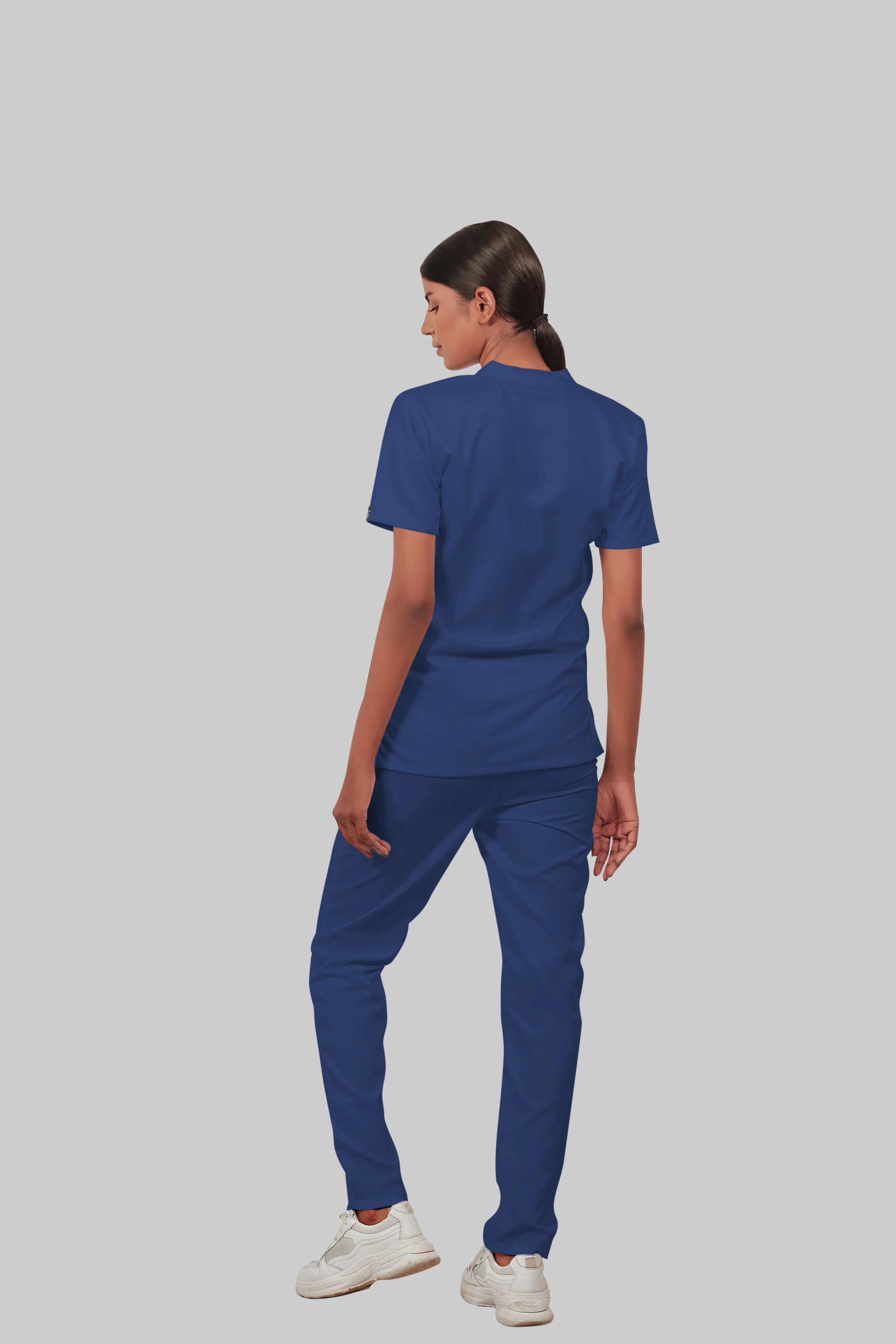 Stretchable (4Way) Women Royal Blue Mandarin Neck With Straight Pant Scrub Set - Image 5