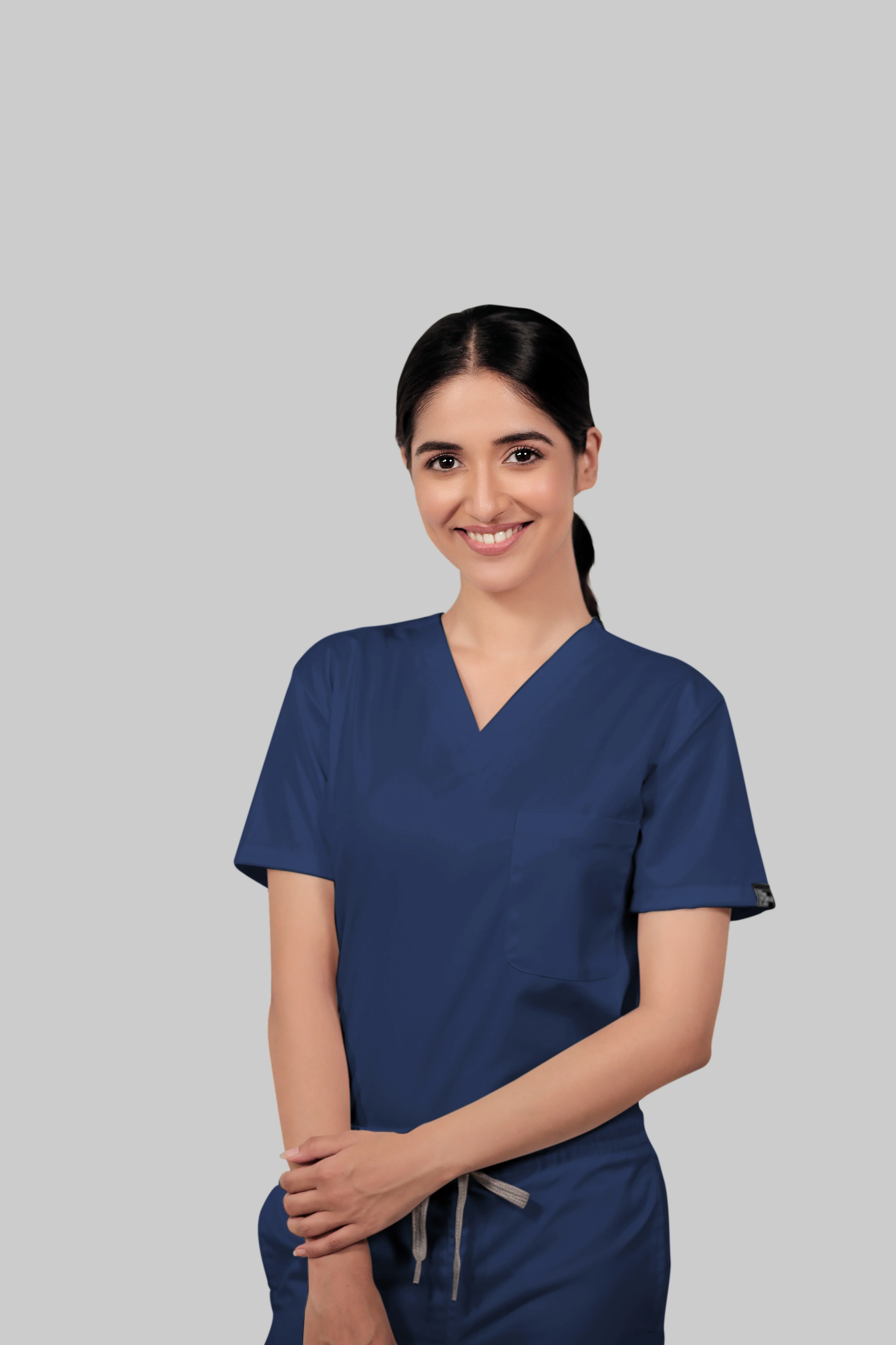Stretchable (4Way) Women Royal Blue V-Neck With Straight Pant Scrub Set - Image 4