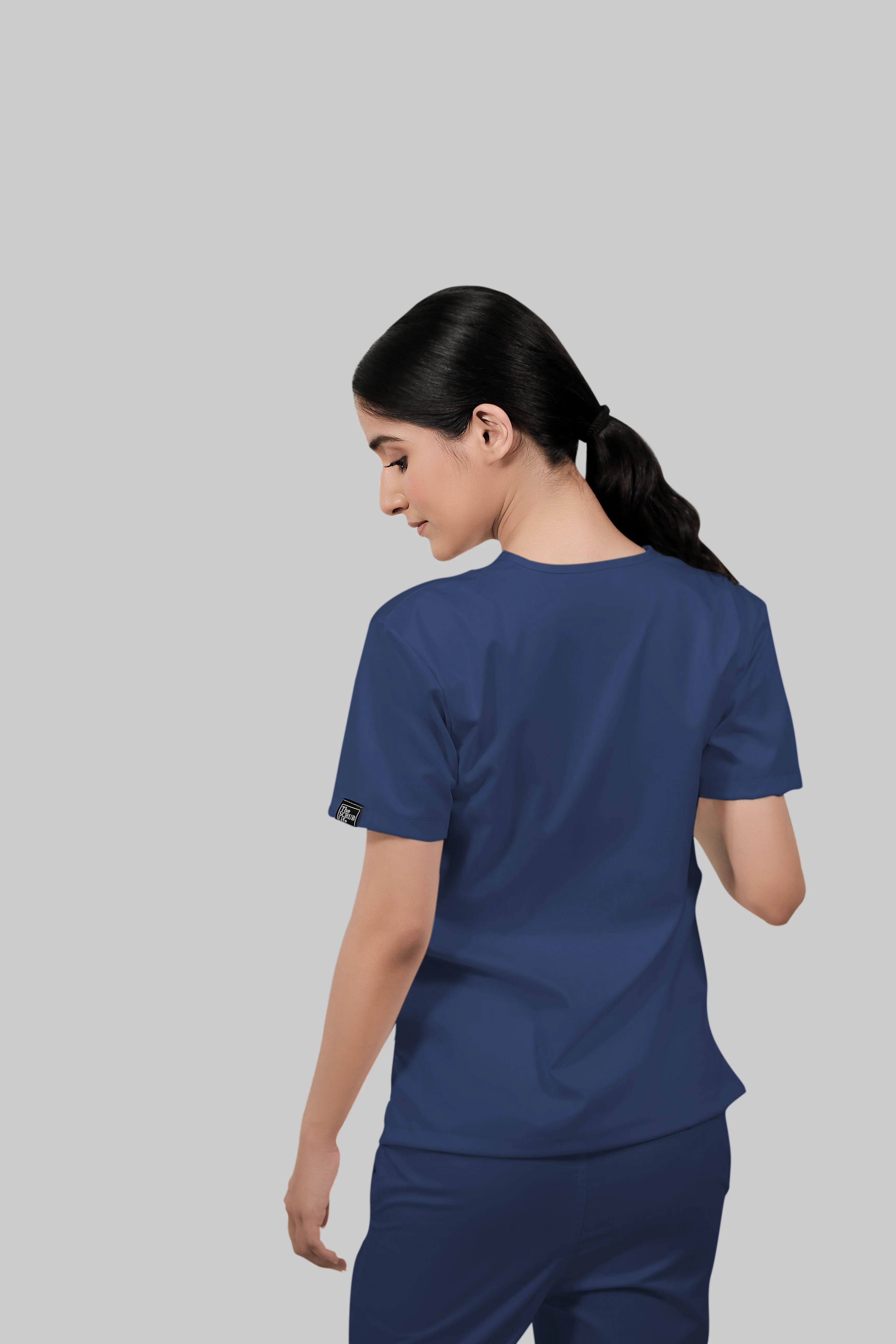 Stretchable (4Way) Women Royal Blue V-Neck With Straight Pant Scrub Set - Image 5