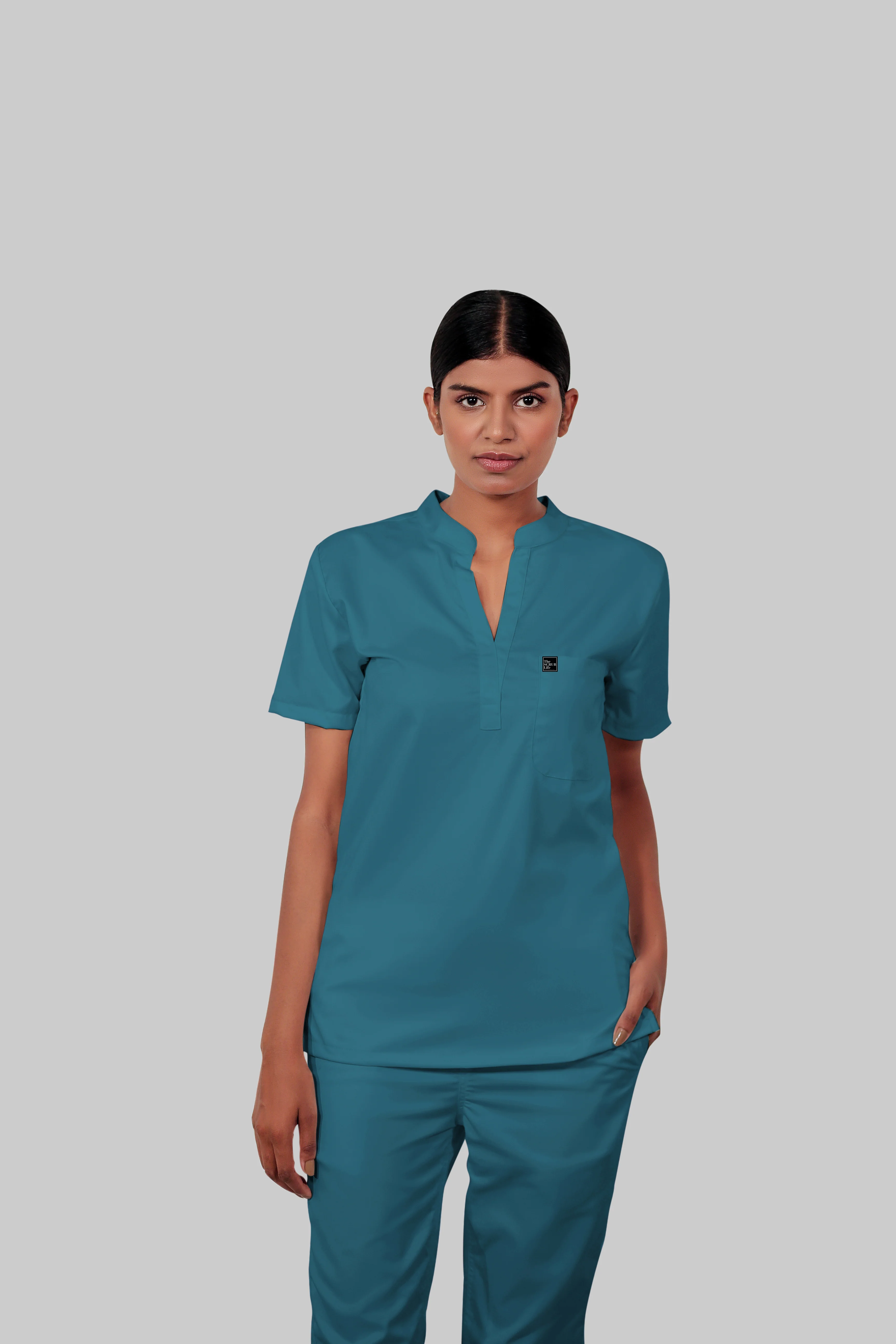 Stretchable (4Way) Women Peacock Blue Mandarin Neck With Straight Pant Scrub Set - Image 3