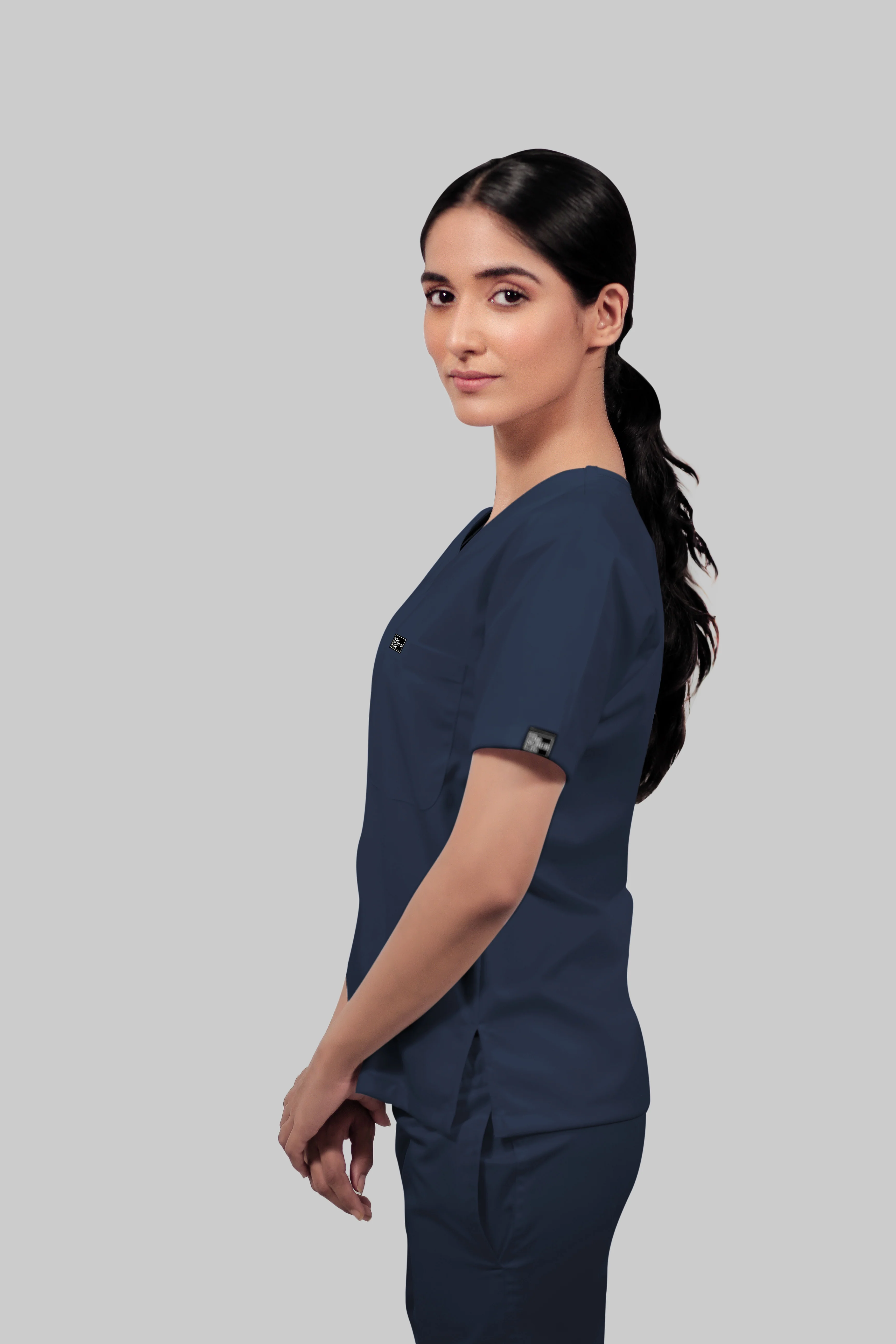 Stretchable (4Way) Women Navy Blue V-Neck Scrub Top - Image 4
