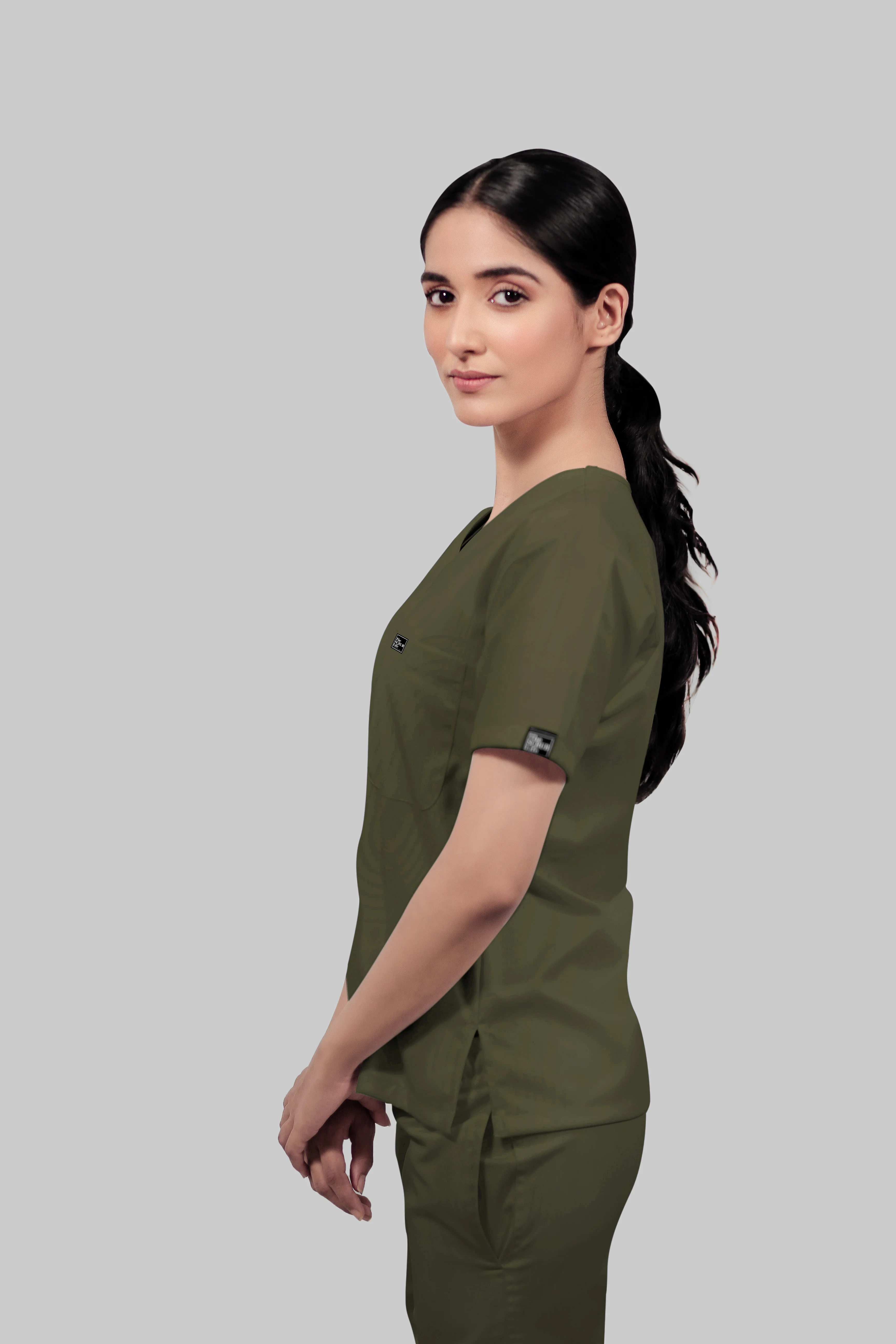 Stretchable (4Way) Women Olive Green V-Neck Scrub Top - Image 3
