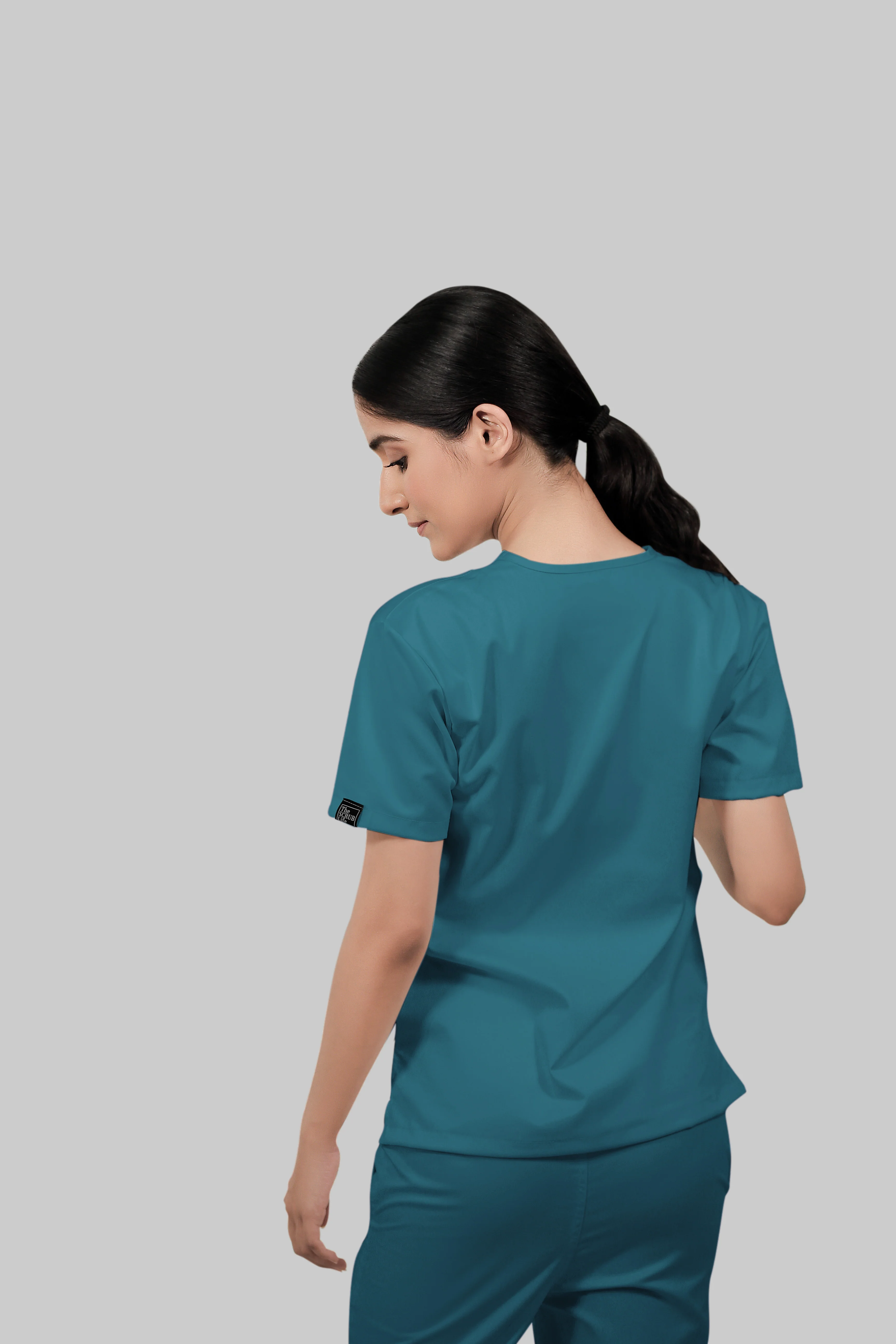 Stretchable (4Way) Women Peacock Blue V-Neck Scrub Top - Image 4