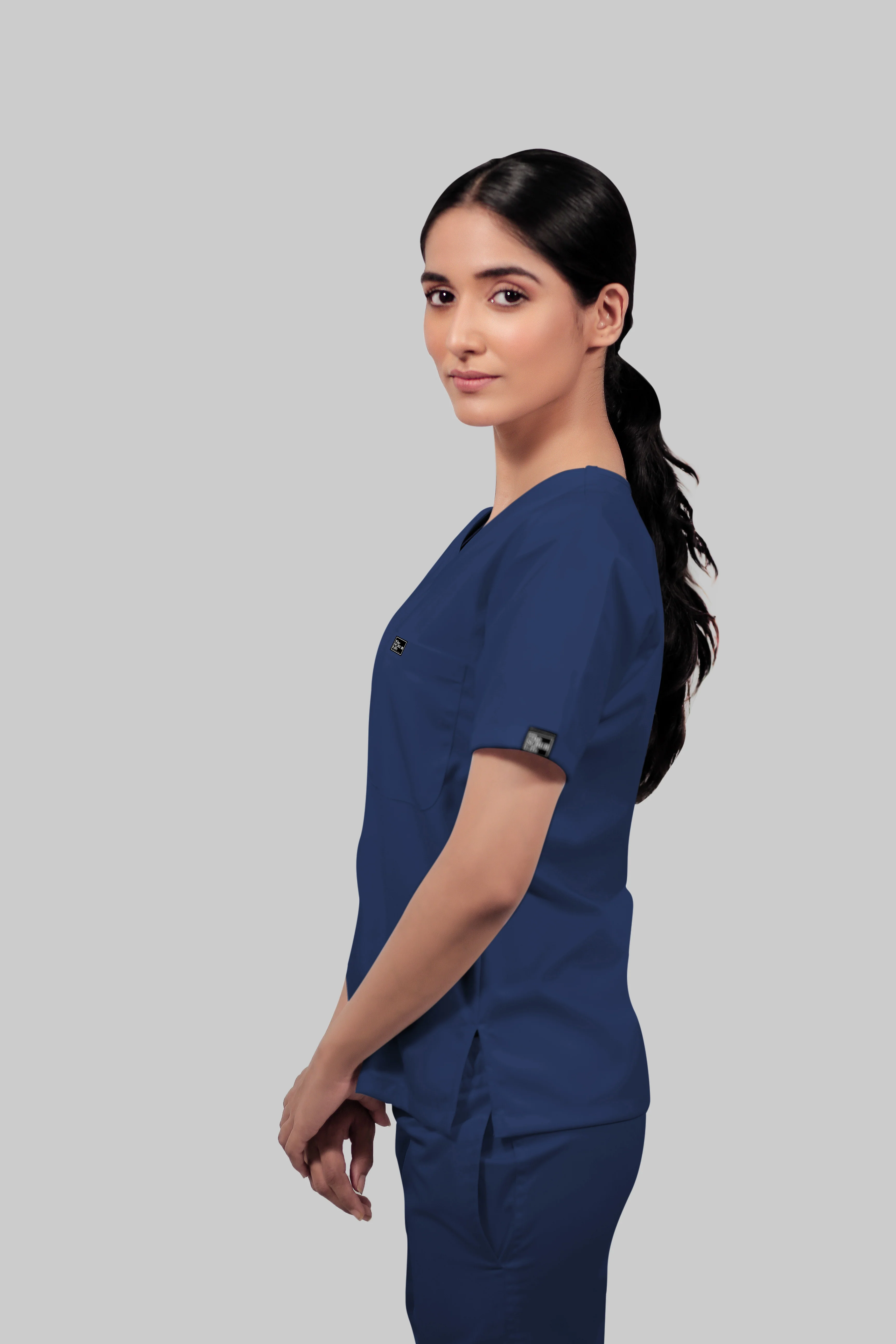 Stretchable (4Way) Women Royal Blue V-Neck Scrub Top - Image 3
