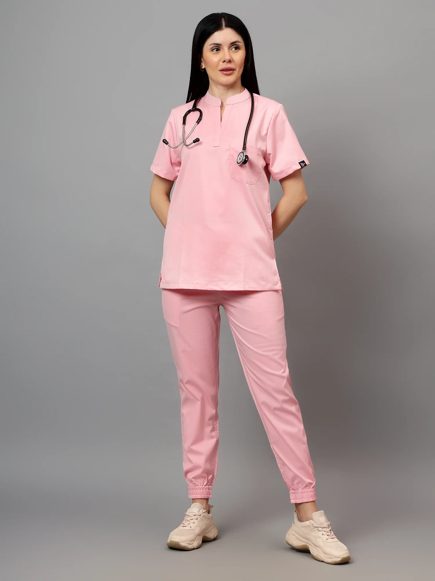Stretchable (2Way) Women Powder Pink Mandarin Neck With Jogger Scrub Set