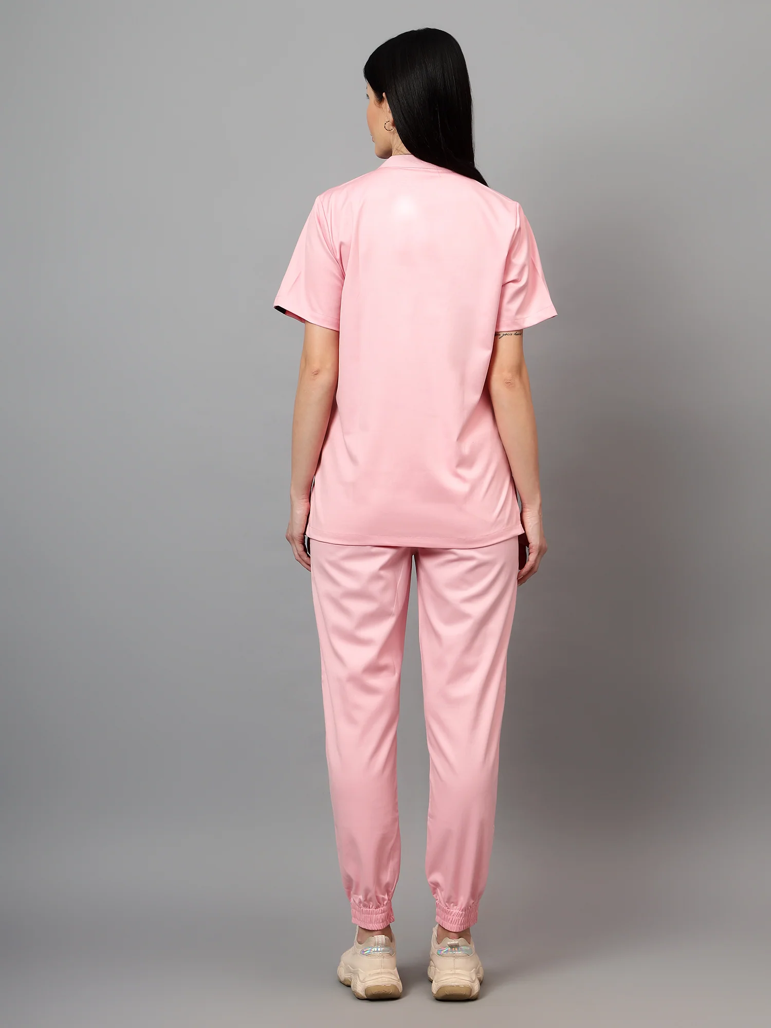 Stretchable (2Way) Women Powder Pink Mandarin Neck With Jogger Scrub Set - Image 2