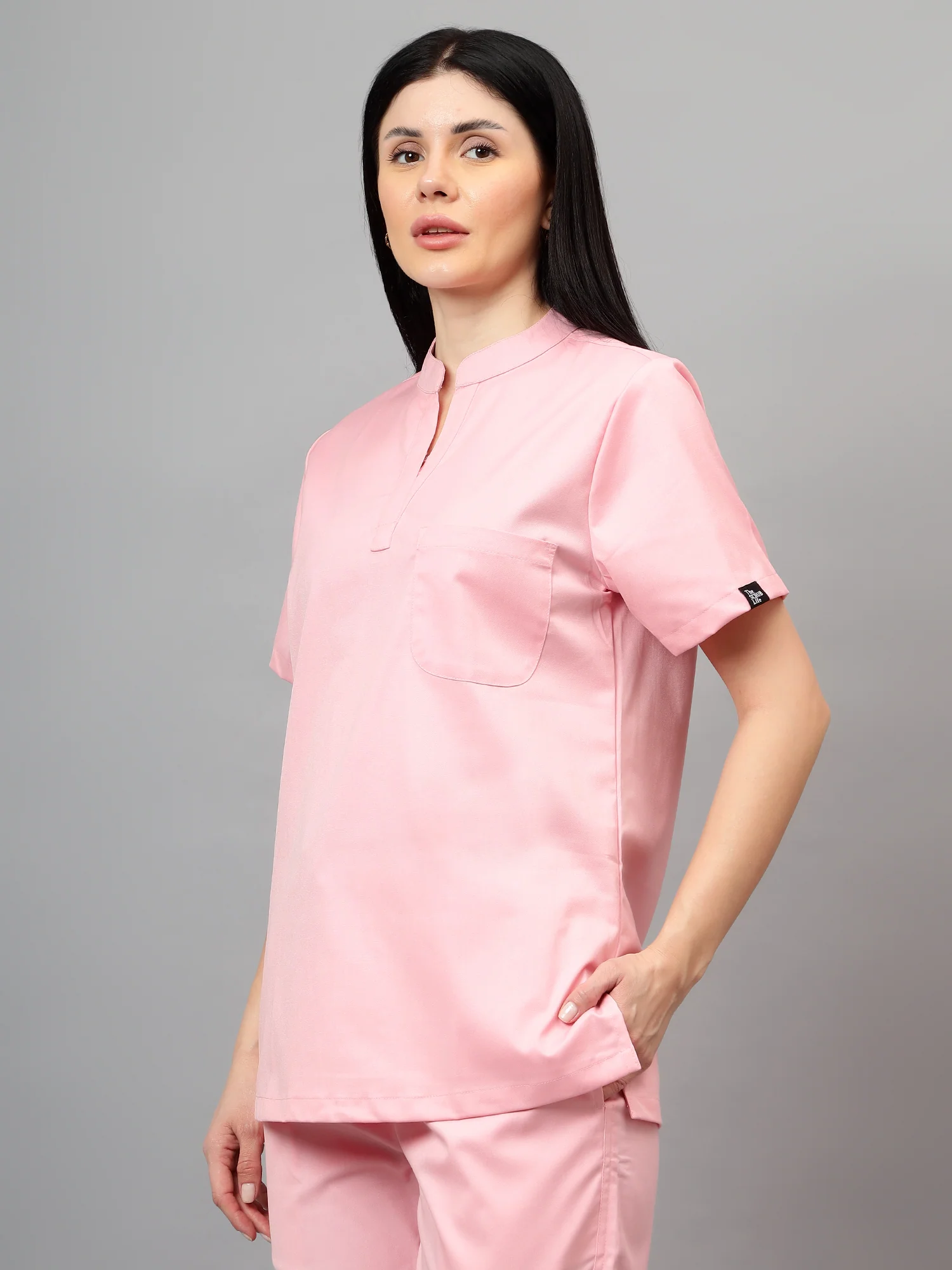 Stretchable (2Way) Women Powder Pink Mandarin Neck With Jogger Scrub Set - Image 7