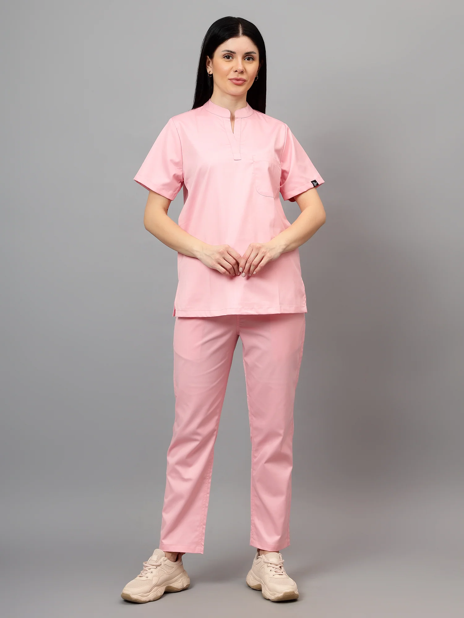 Stretchable (2Way) Women Powder Pink Mandarin Neck With Straight Pant Scrub Set