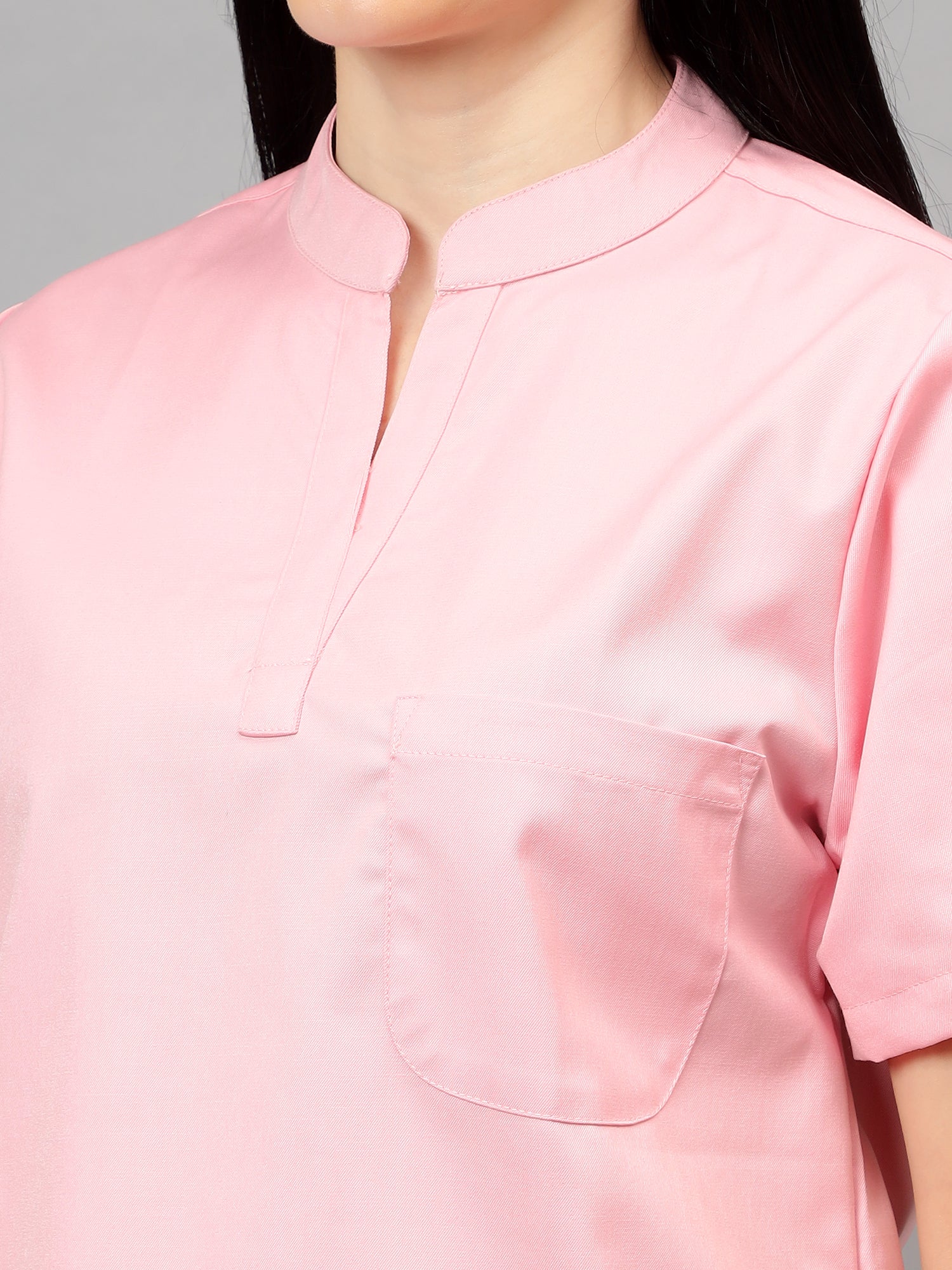 Stretchable (2Way) Women Powder Pink Mandarin Neck With Straight Pant Scrub Set - Image 4