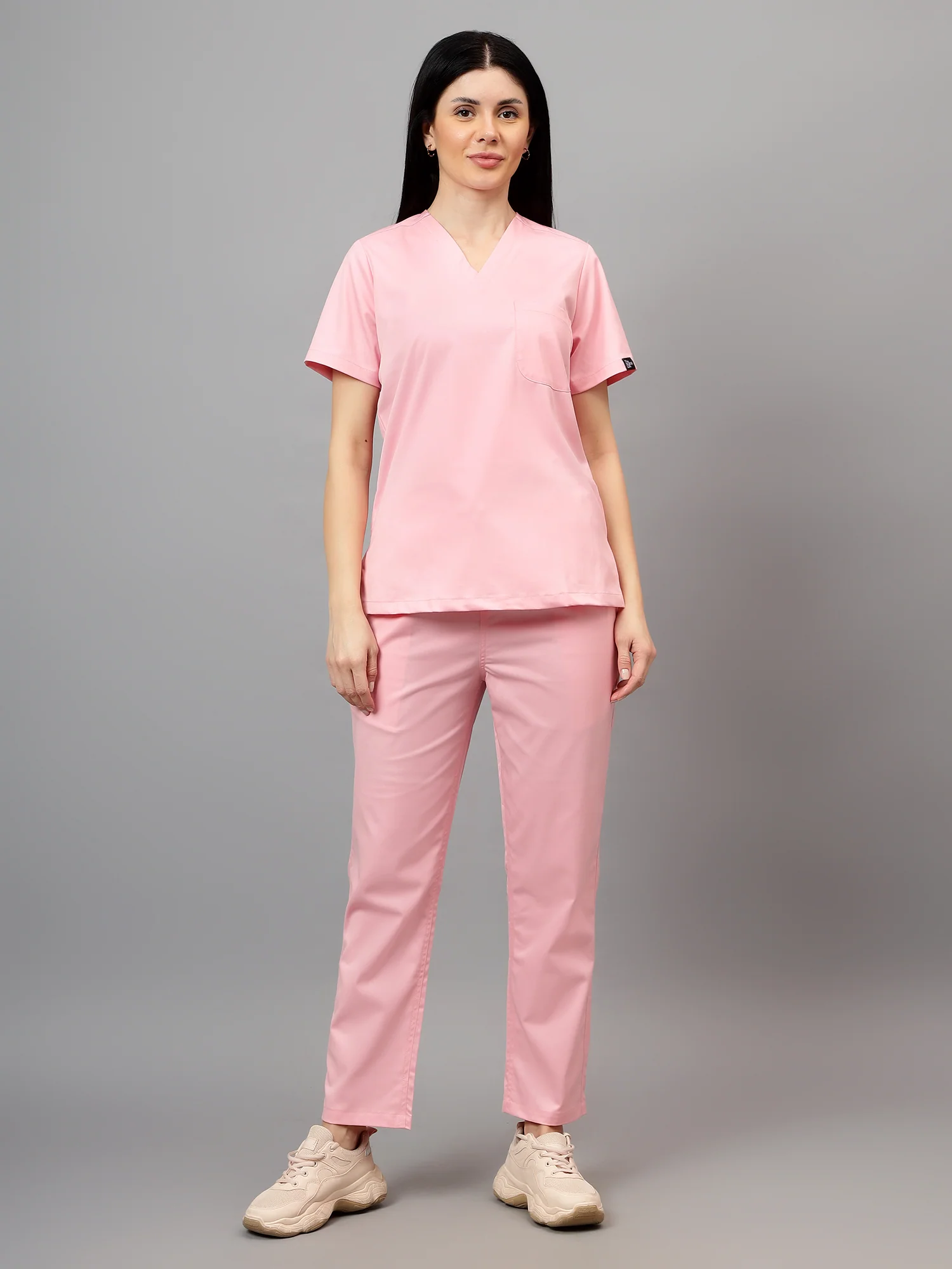 Stretchable (2Way) Women Powder Pink V-Neck With Straight Pant Scrub Set - Image 4