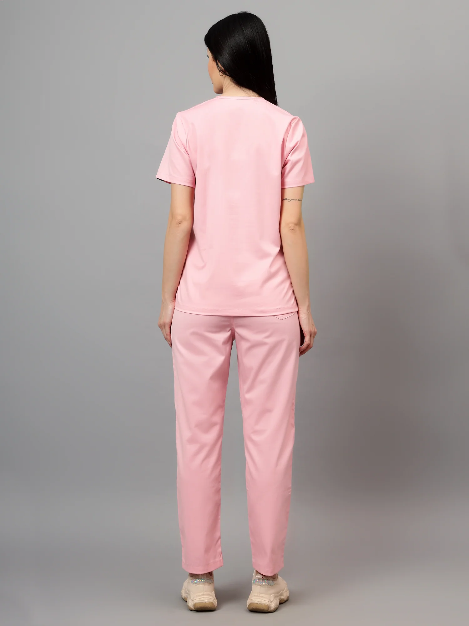 Stretchable (2Way) Women Powder Pink V-Neck With Straight Pant Scrub Set - Image 5