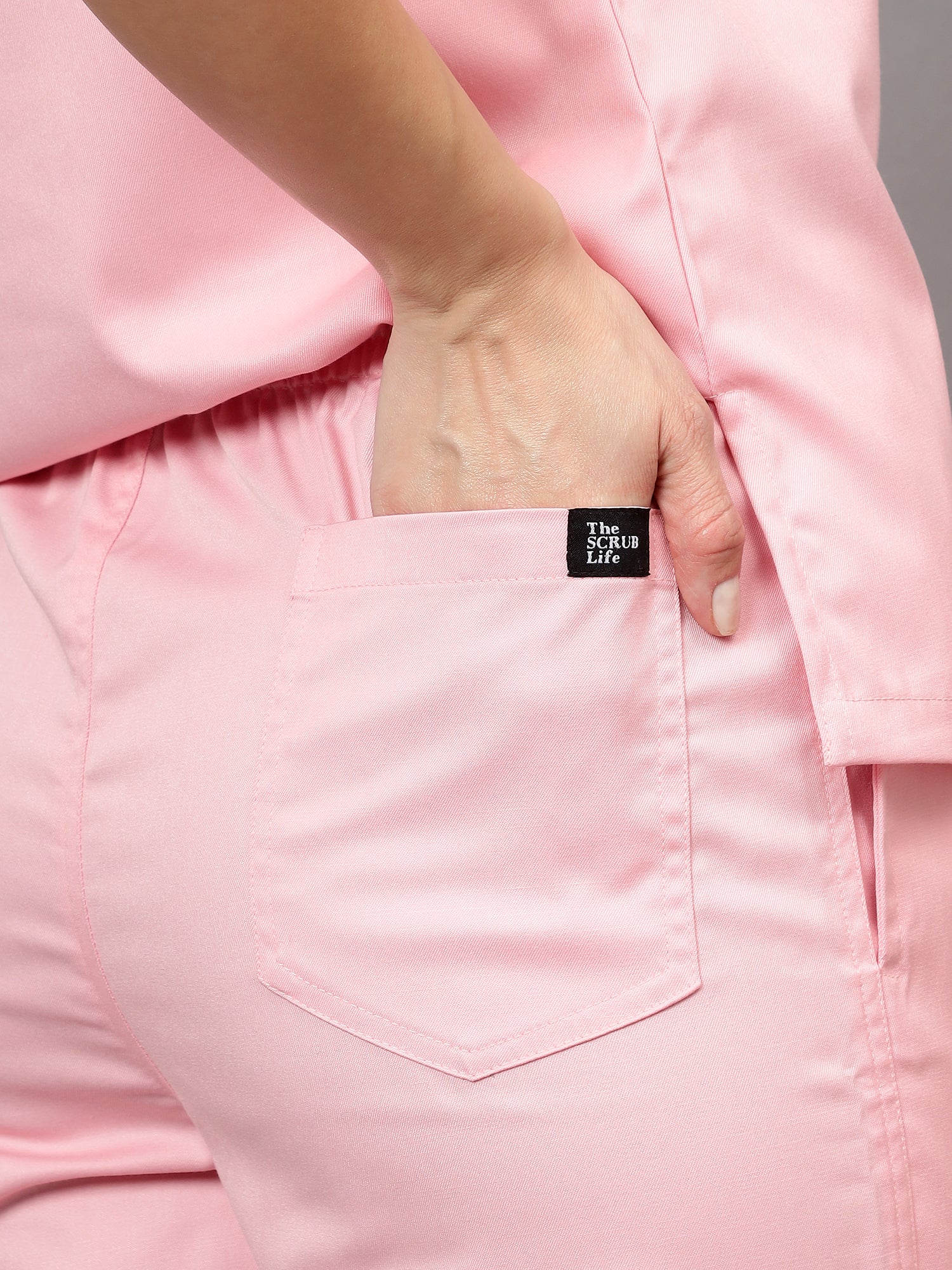 Stretchable (2Way) Women Powder Pink V-Neck With Straight Pant Scrub Set - Image 7