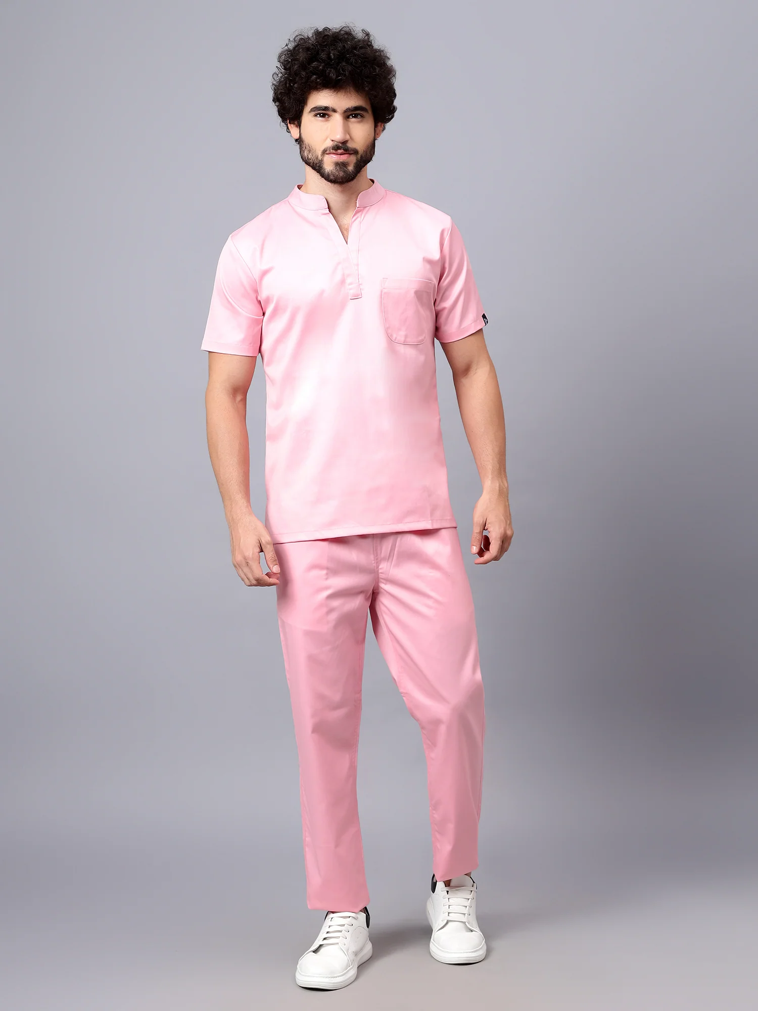 Stretchable (2Way) Men Powder Pink Mandarin Neck With Straight Pant Scrub Set