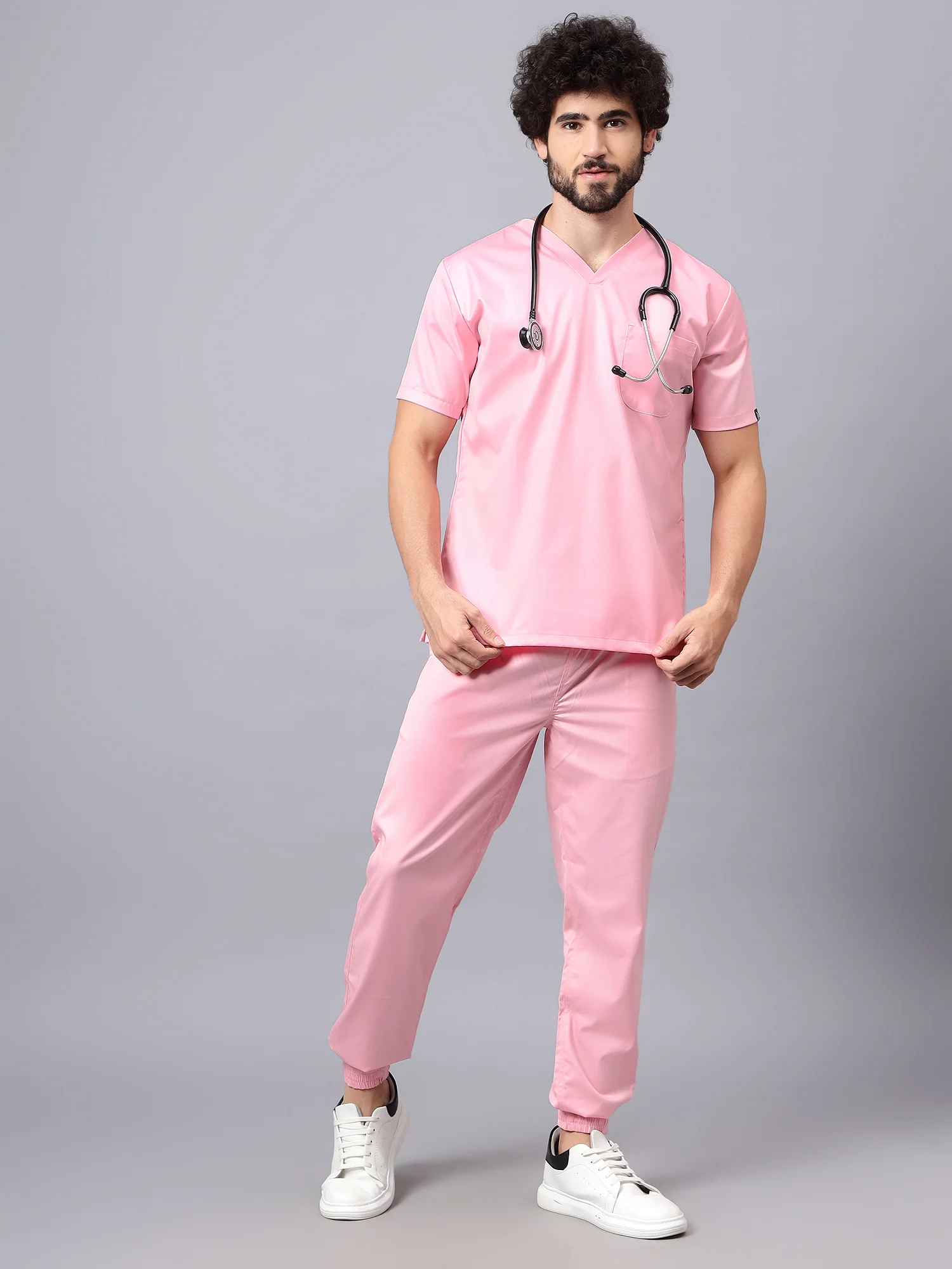 Stretchable (2Way) Men Powder Pink V-Neck With Jogger Scrub Set