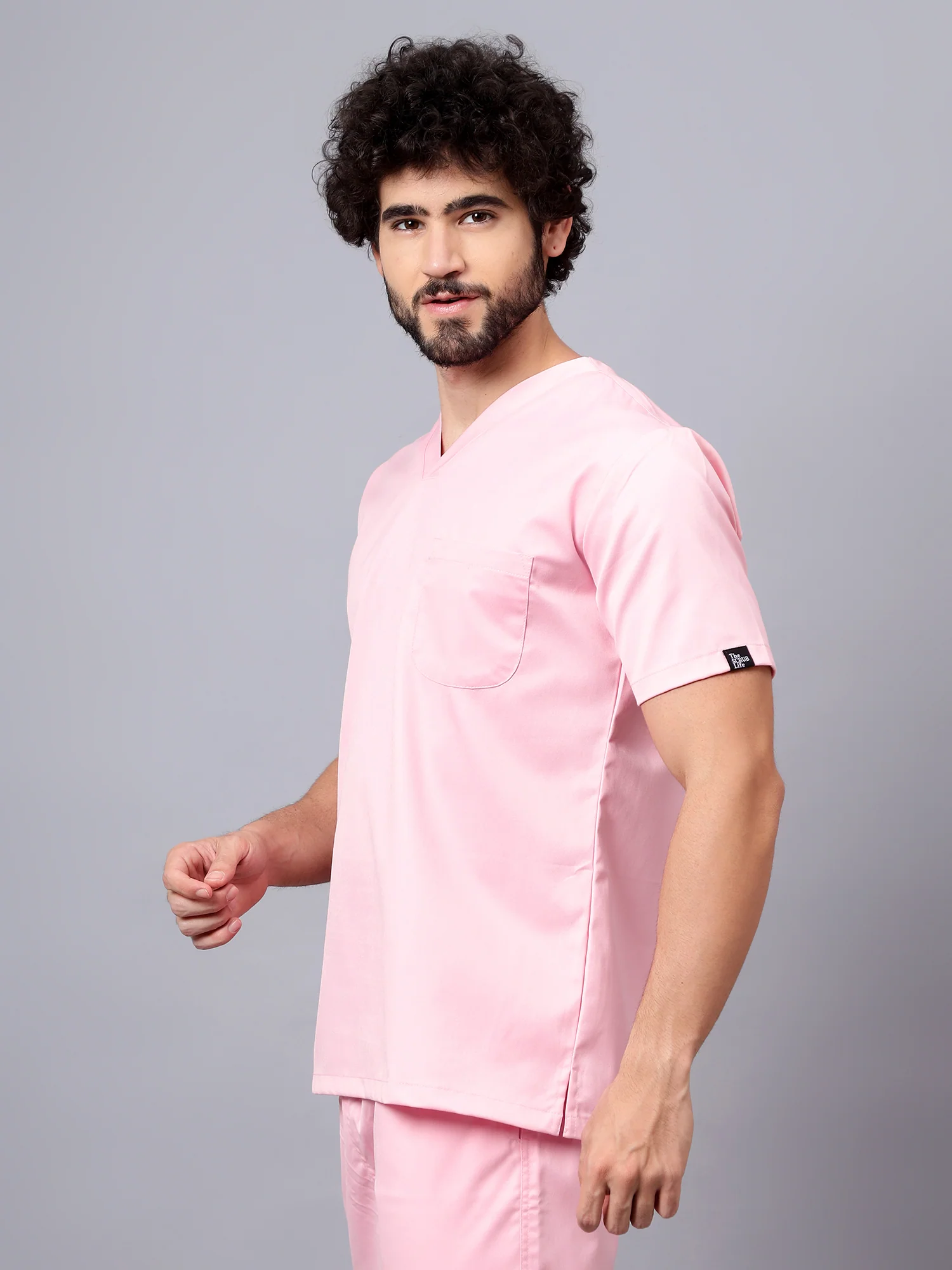 Stretchable (2Way) Men Powder Pink V-Neck With Jogger Scrub Set - Image 2