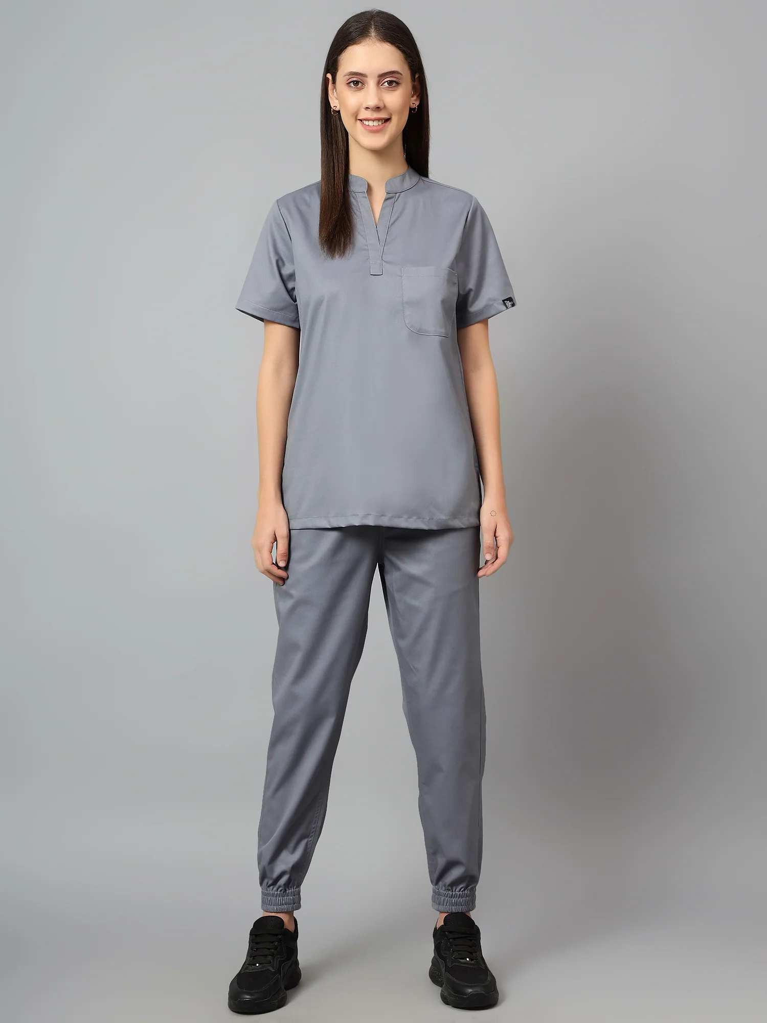 Stretchable (2Way) Women Graphite Mandarin Neck With Jogger Scrub Set