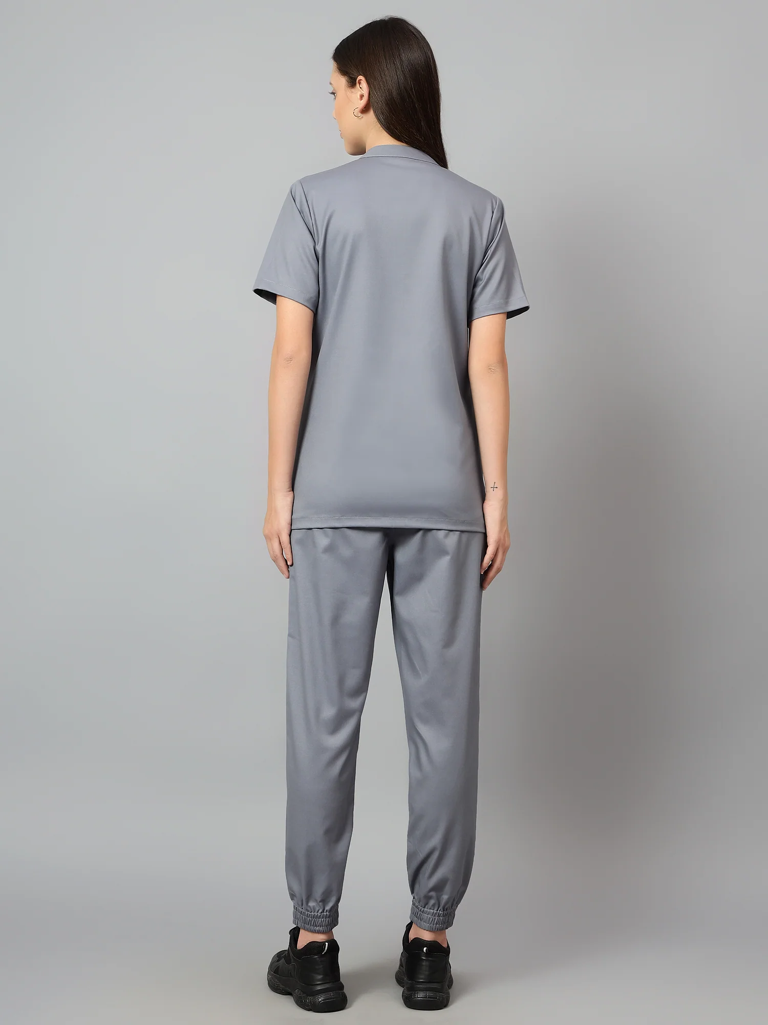 Stretchable (2Way) Women Graphite Mandarin Neck With Jogger Scrub Set - Image 2