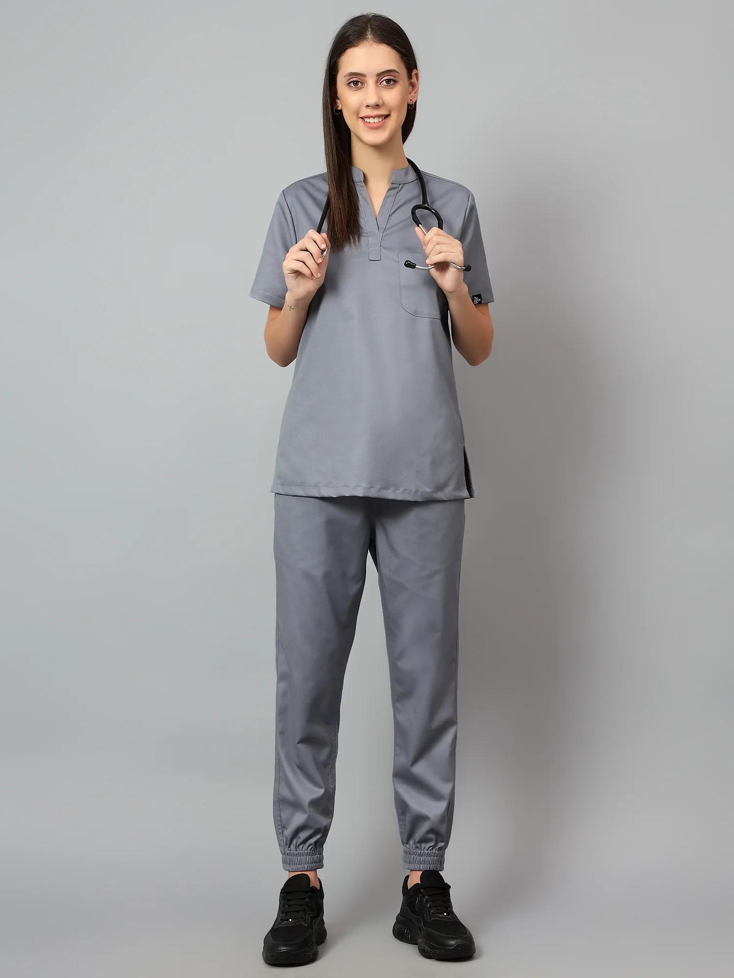 Stretchable (2Way) Women Graphite Mandarin Neck With Jogger Scrub Set - Image 3