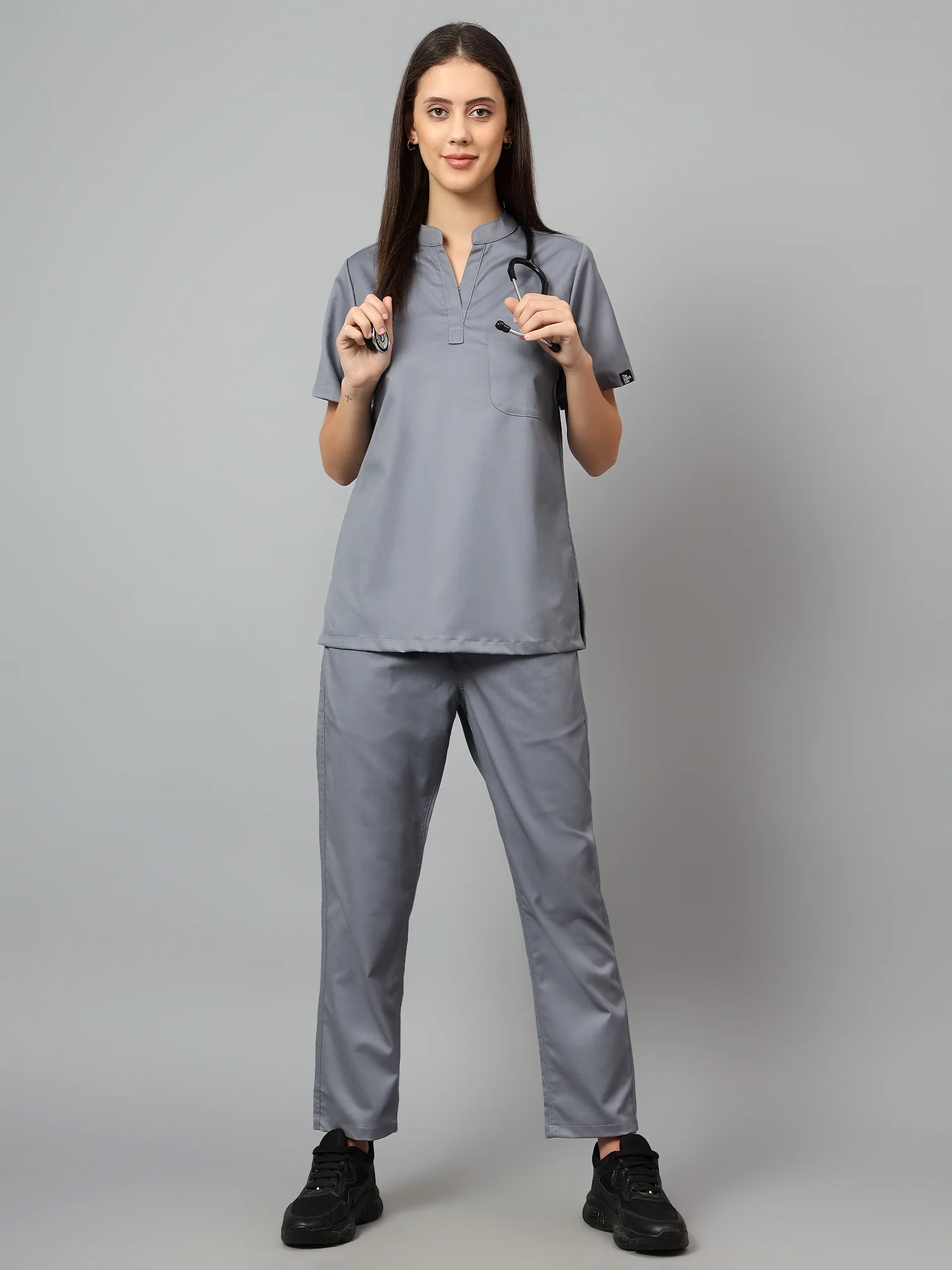 Stretchable (2Way) Women Graphite Mandarin Neck With Straight Pant Scrub Set