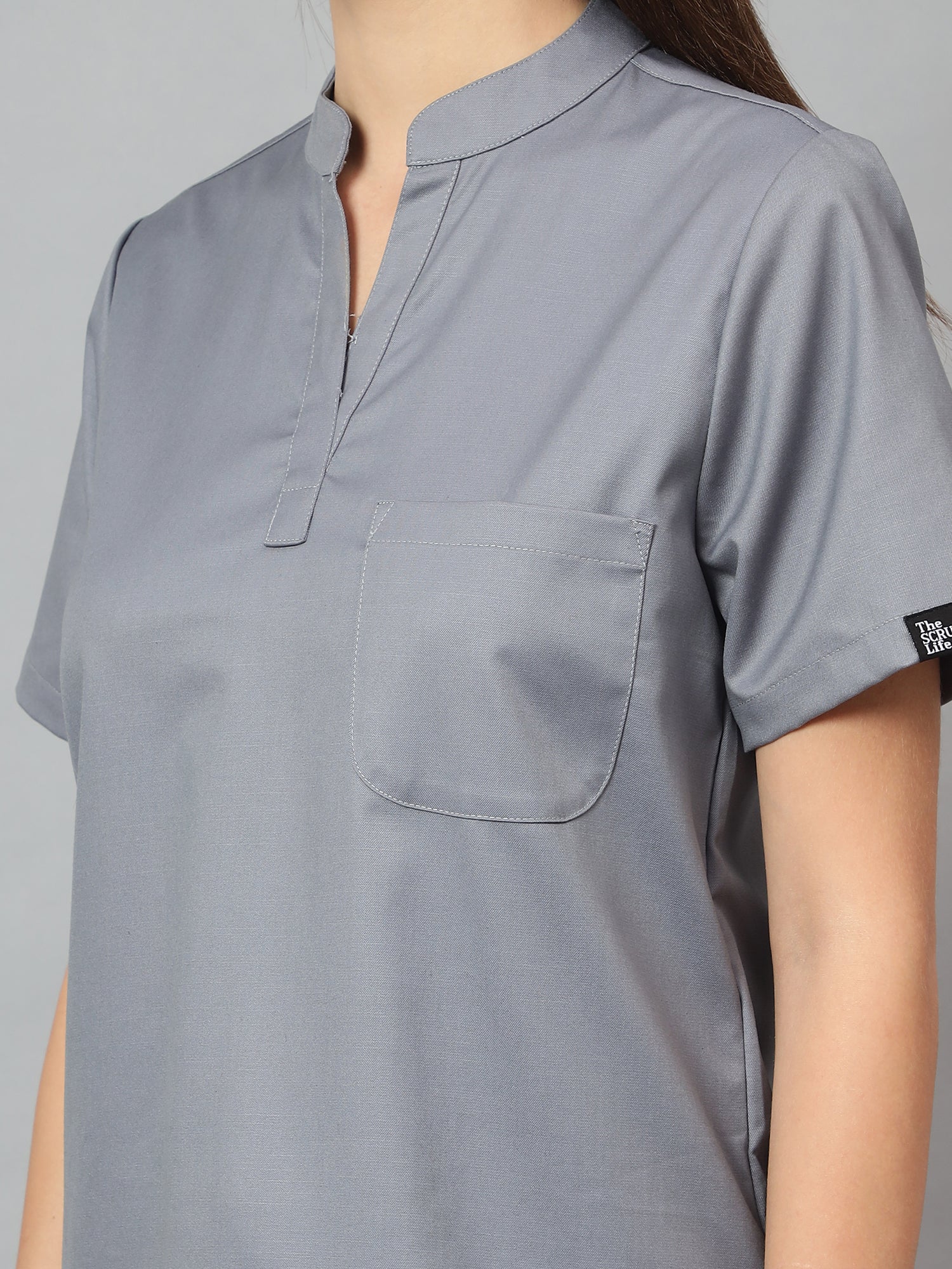 Stretchable (2Way) Women Graphite Mandarin Neck With Straight Pant Scrub Set - Image 5