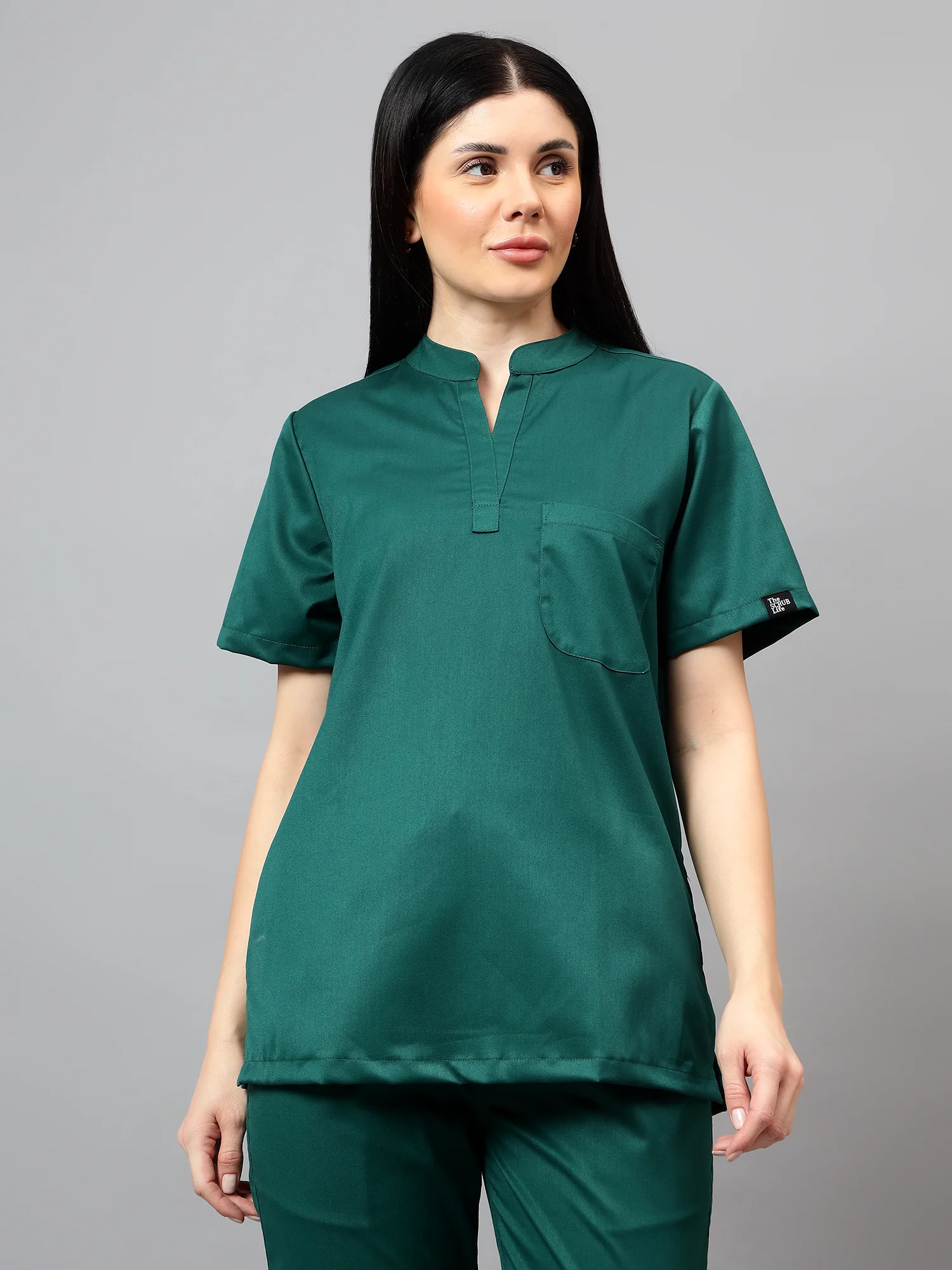 Stretchable (2Way) Women Hunter Green Mandarin Neck Scrub Top