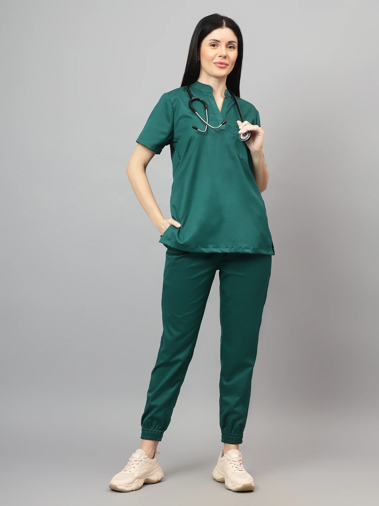 Stretchable (2Way) Women Hunter Green Mandarin Neck With Jogger Scrub Set
