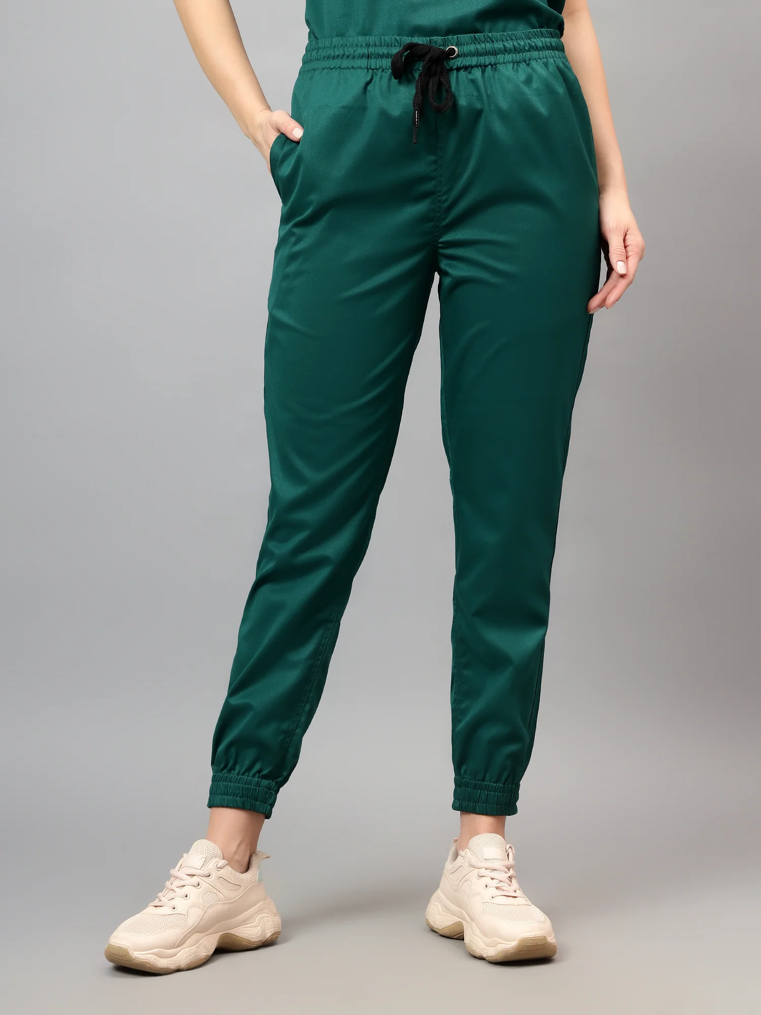 Stretchable (2Way) Women Hunter Green Mandarin Neck With Jogger Scrub Set - Image 2