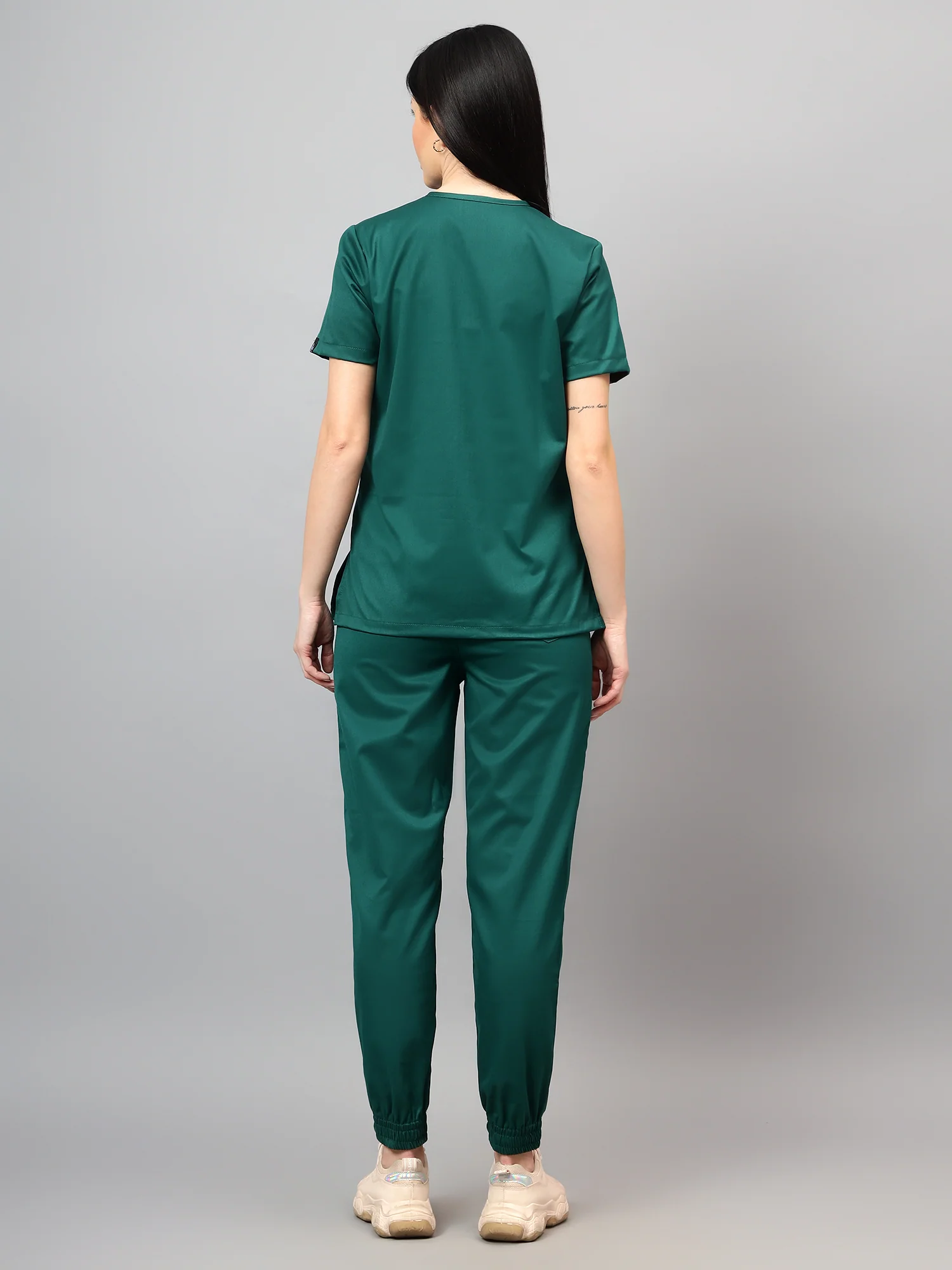 Stretchable (2Way) Women Hunter Green Mandarin Neck With Jogger Scrub Set - Image 4
