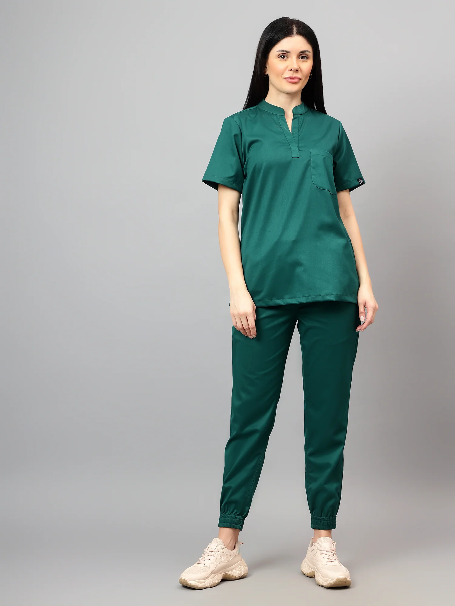 Stretchable (2Way) Women Hunter Green Mandarin Neck With Jogger Scrub Set - Image 8