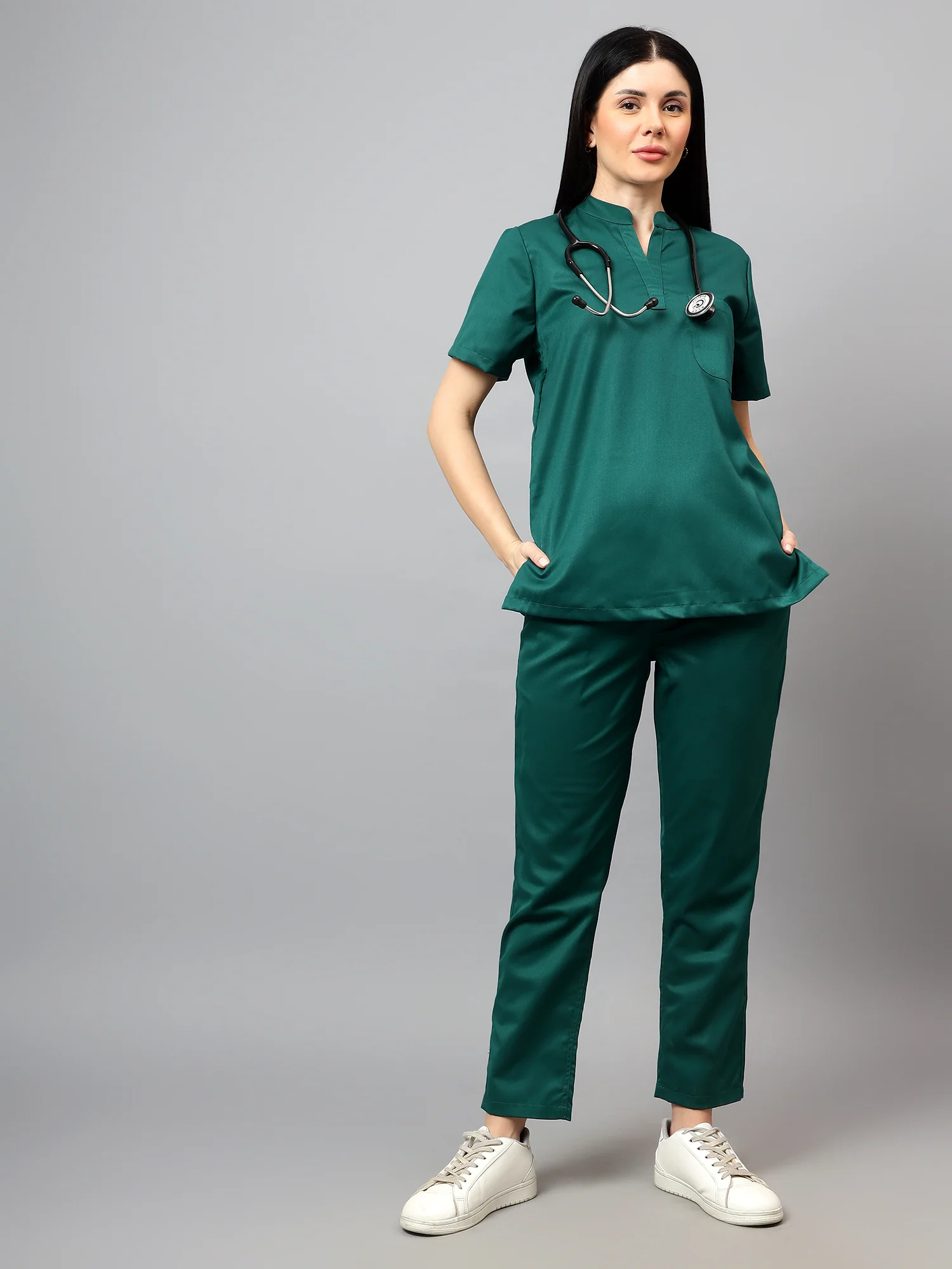 Stretchable (2Way) Women Hunter Green Mandarin Neck With Straight Pant Scrub Set