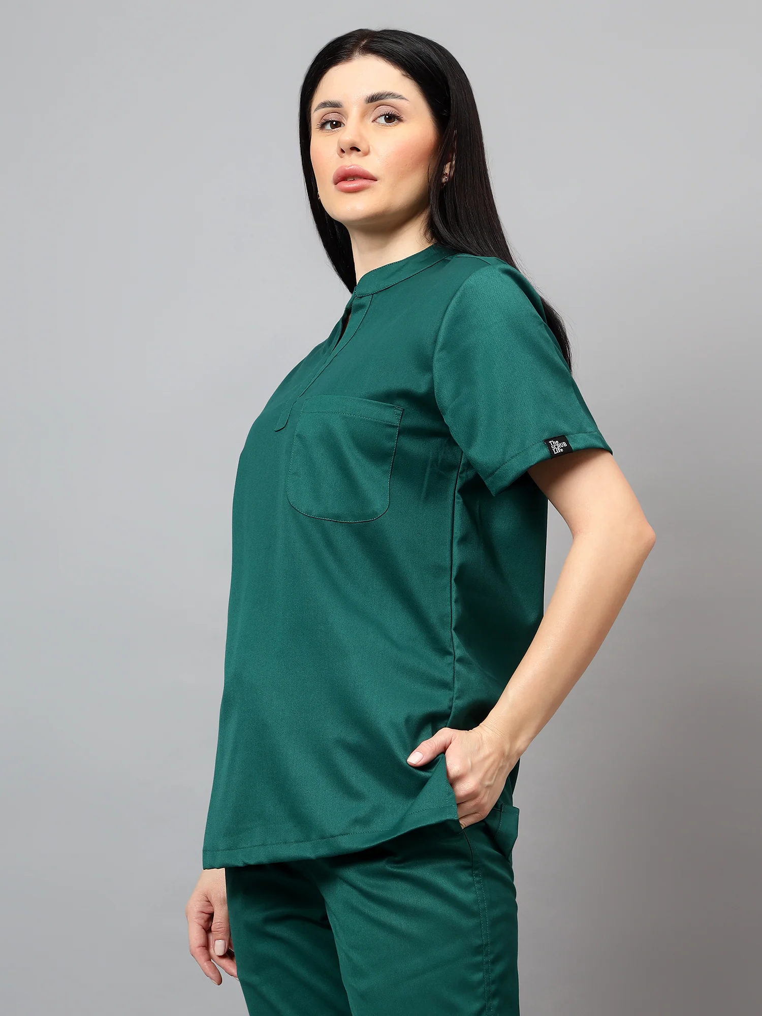 Stretchable (2Way) Women Hunter Green Mandarin Neck With Straight Pant Scrub Set - Image 3