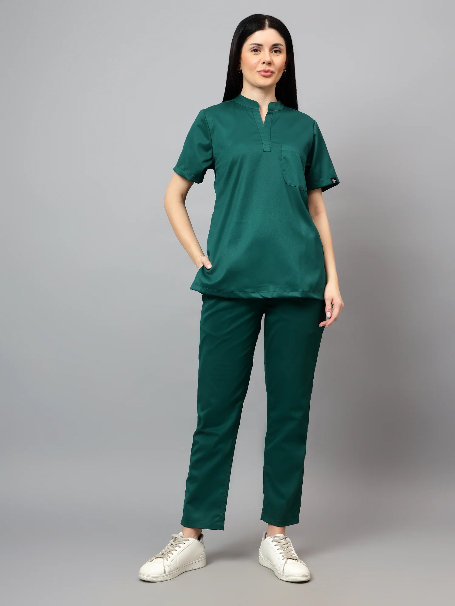 Stretchable (2Way) Women Hunter Green Mandarin Neck With Straight Pant Scrub Set - Image 4