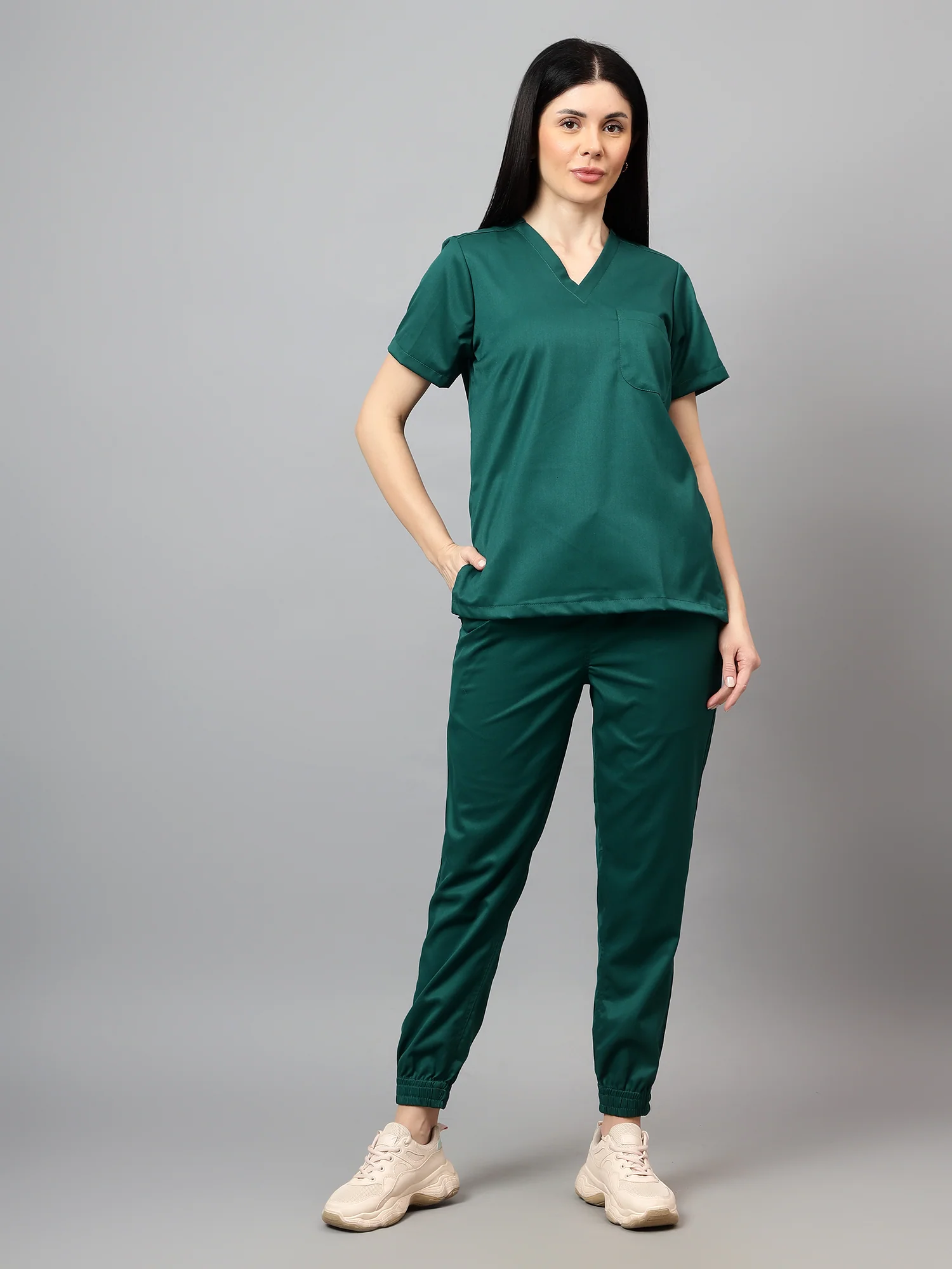 Stretchable (2Way) Women Hunter Green V-Neck With Jogger Scrub Set