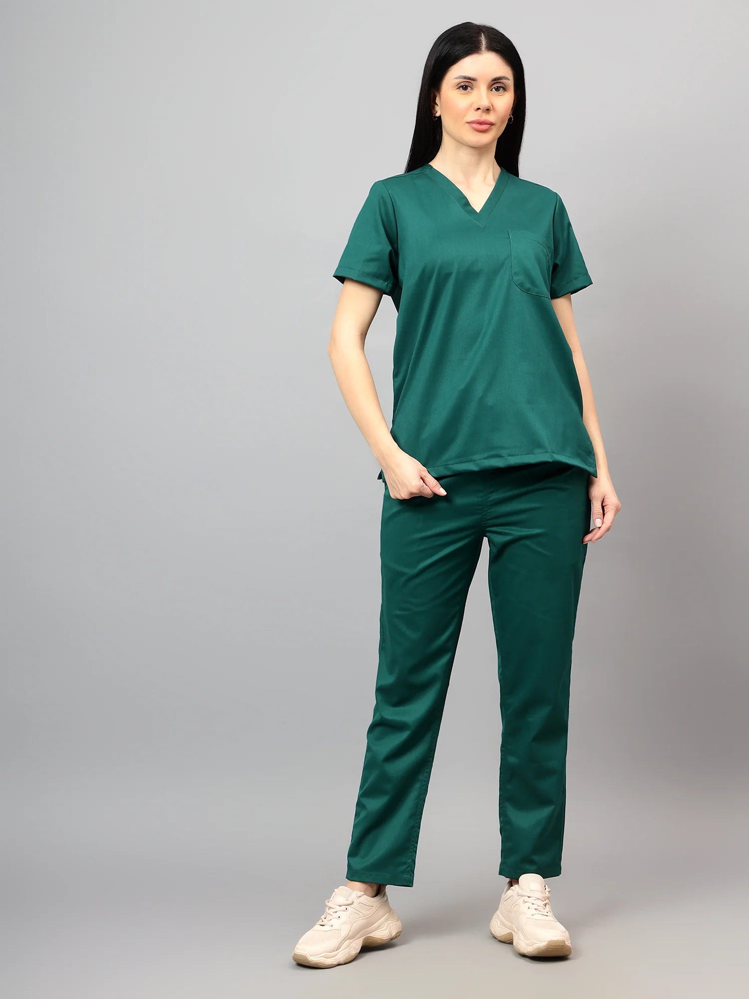 Stretchable (2Way) Women Hunter Green V-Neck With Straight Pant Scrub Set